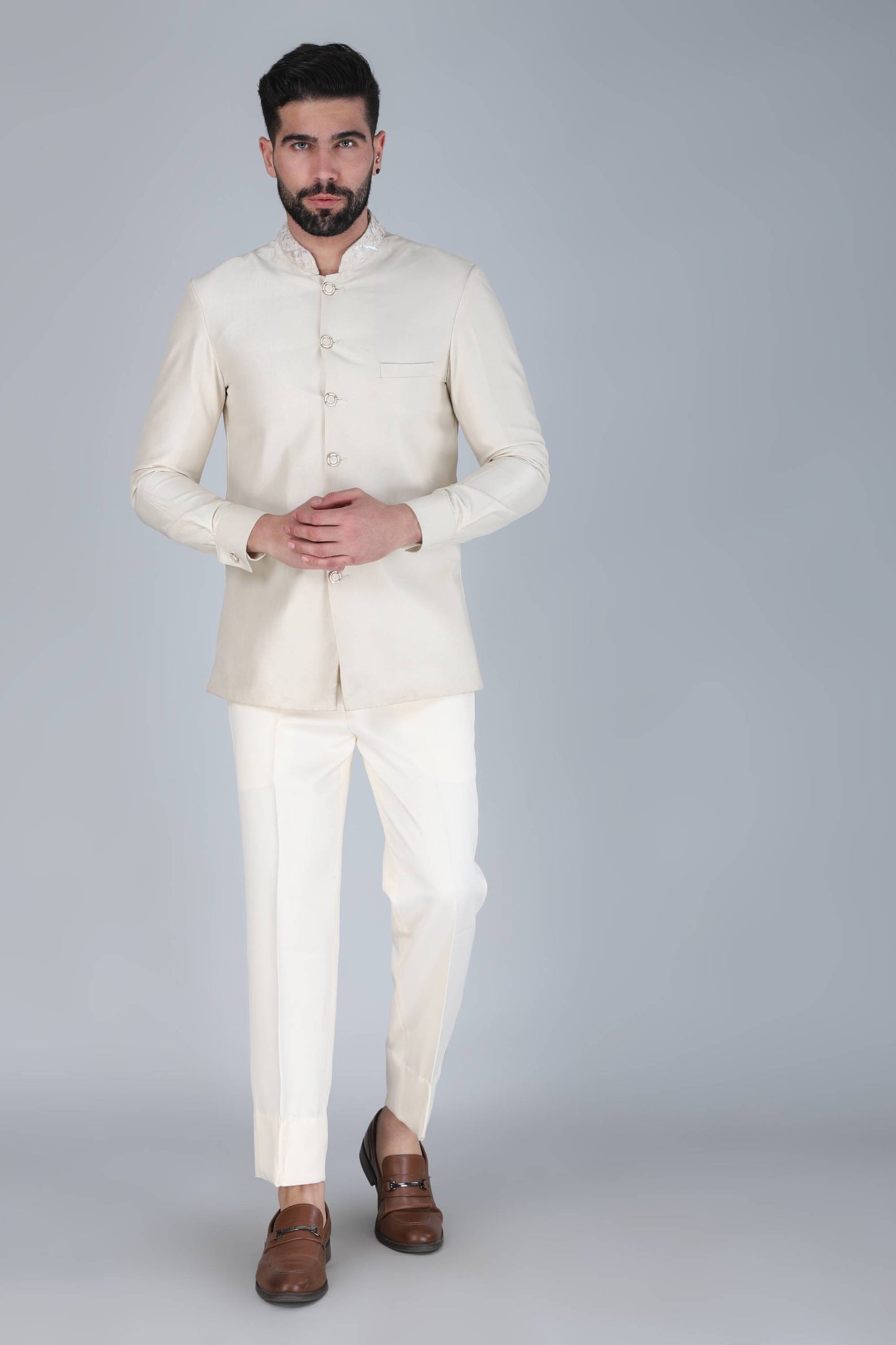 Off White Thread And Sequins Embroidered Short Indowestern On Silk