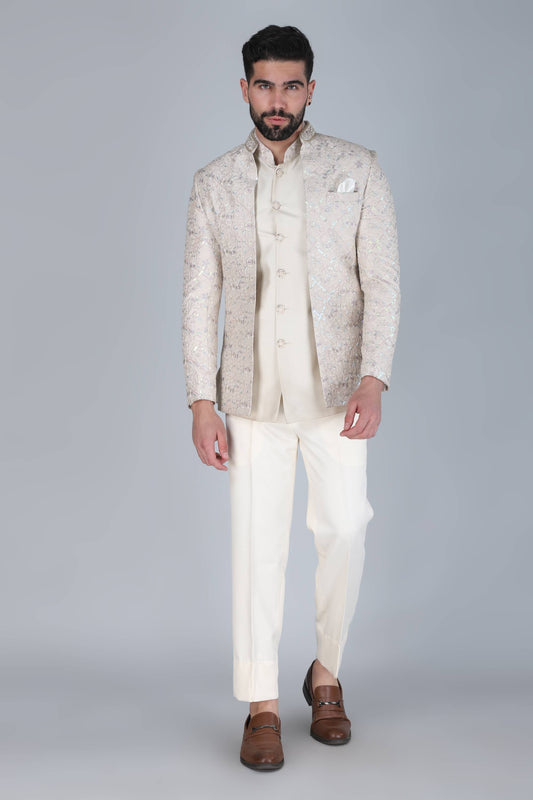 Off White Thread And Sequins Embroidered Short Indowestern On Silk