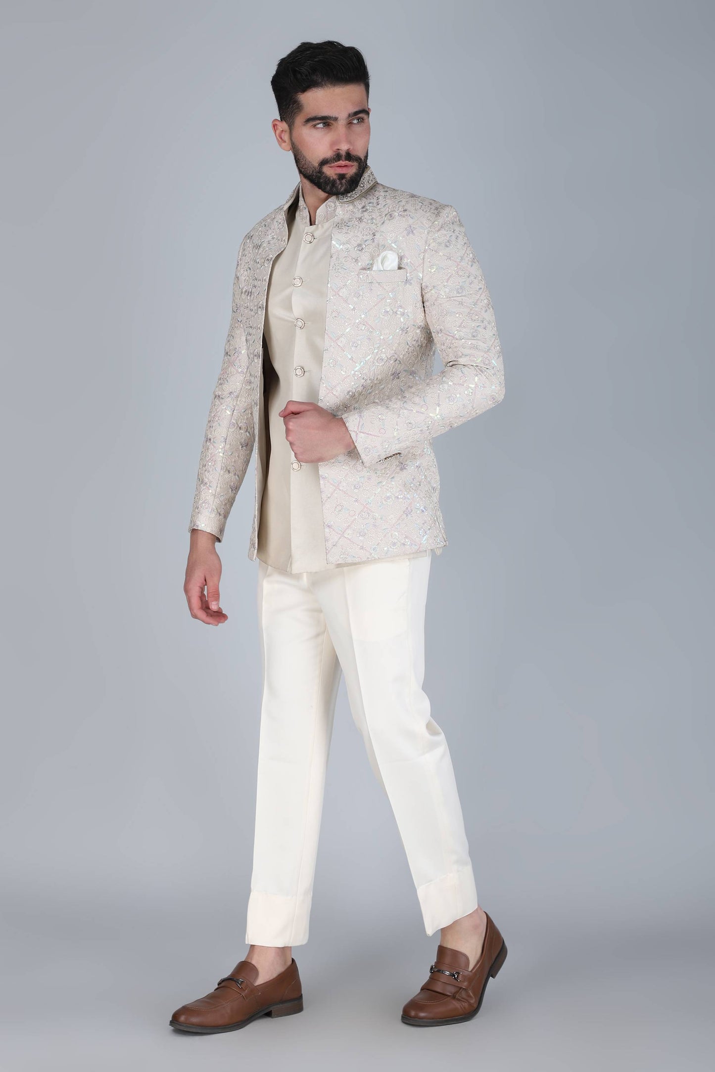 Off White Thread And Sequins Embroidered Short Indowestern On Silk