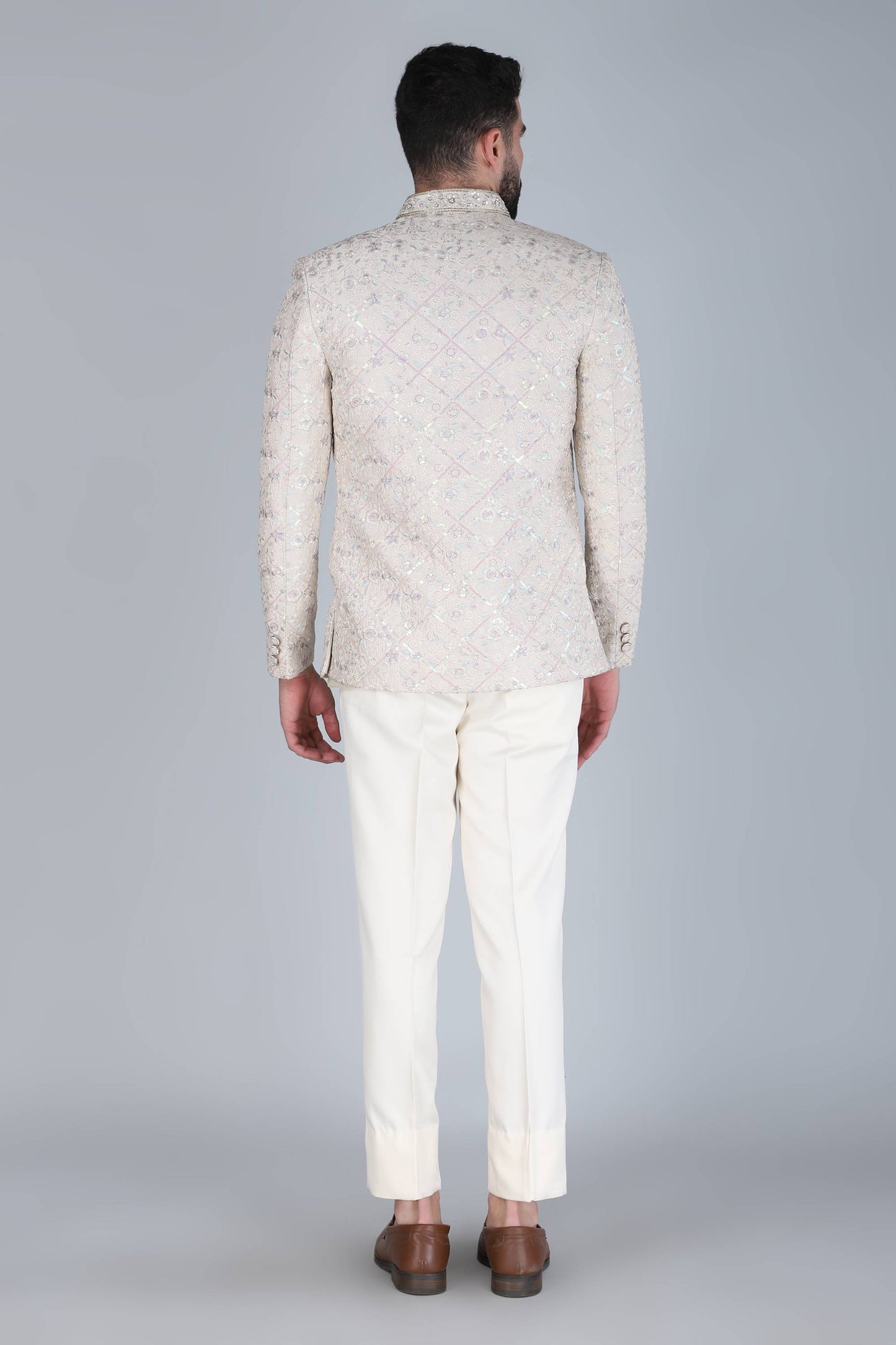 Off White Thread And Sequins Embroidered Short Indowestern On Silk