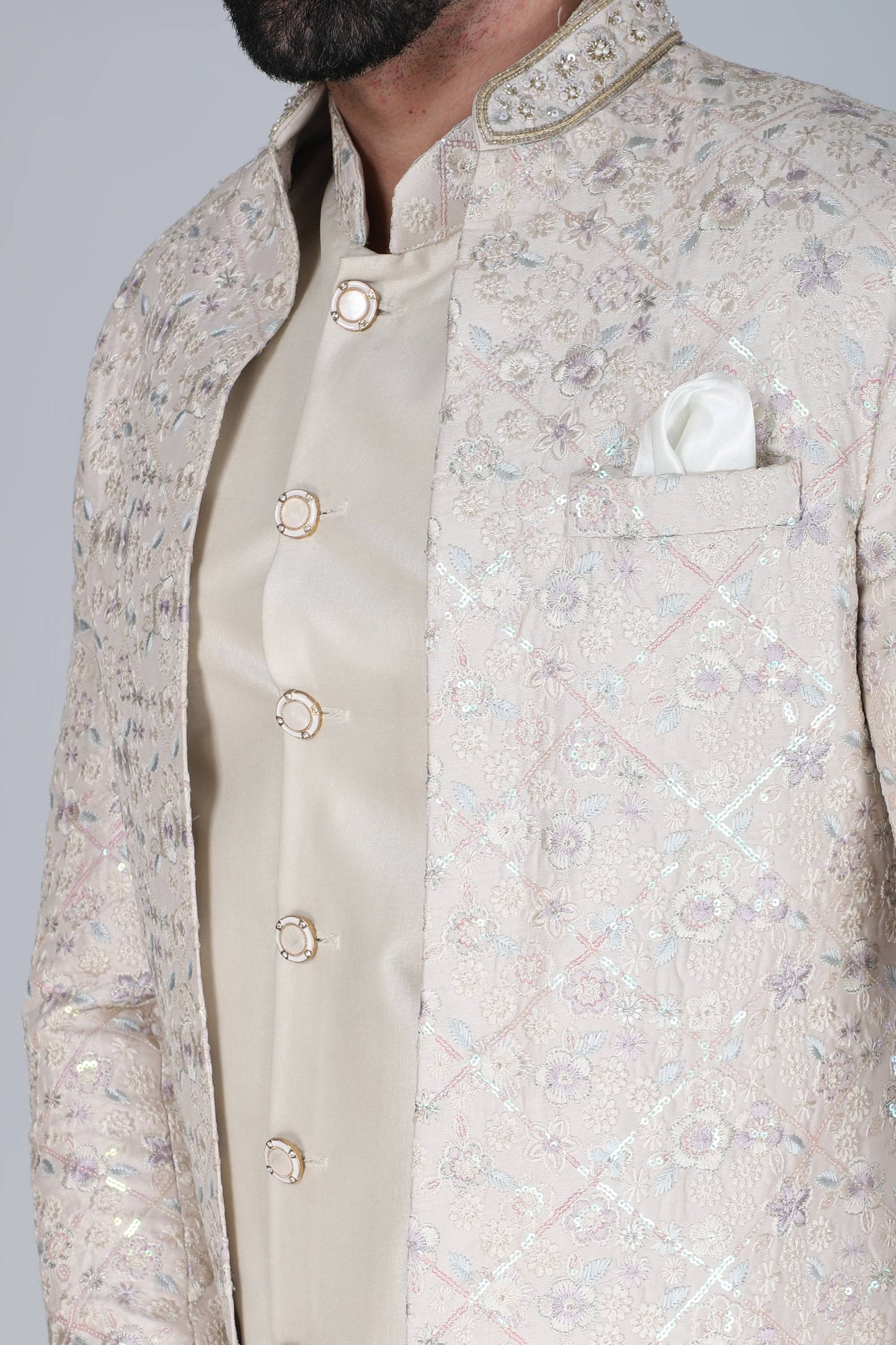Off White Thread And Sequins Embroidered Short Indowestern On Silk