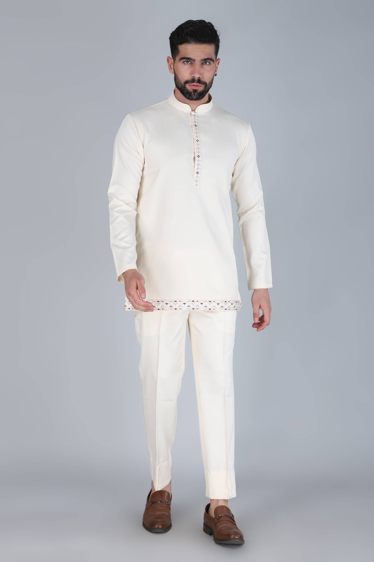 Ivory Multicolor Thread And Sequins Embroidered Short Indowestern