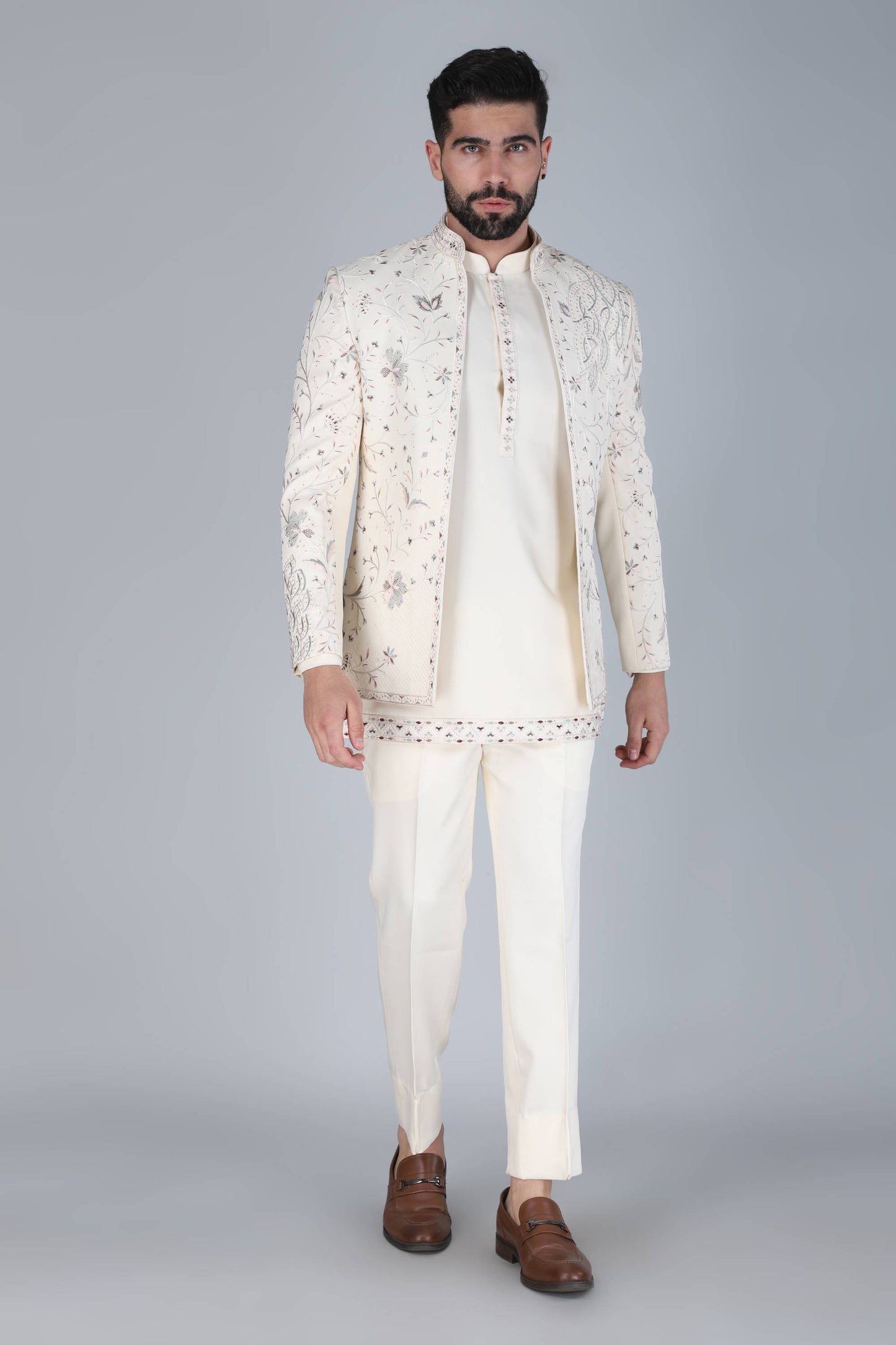 Ivory Multicolor Thread And Sequins Embroidered Short Indowestern