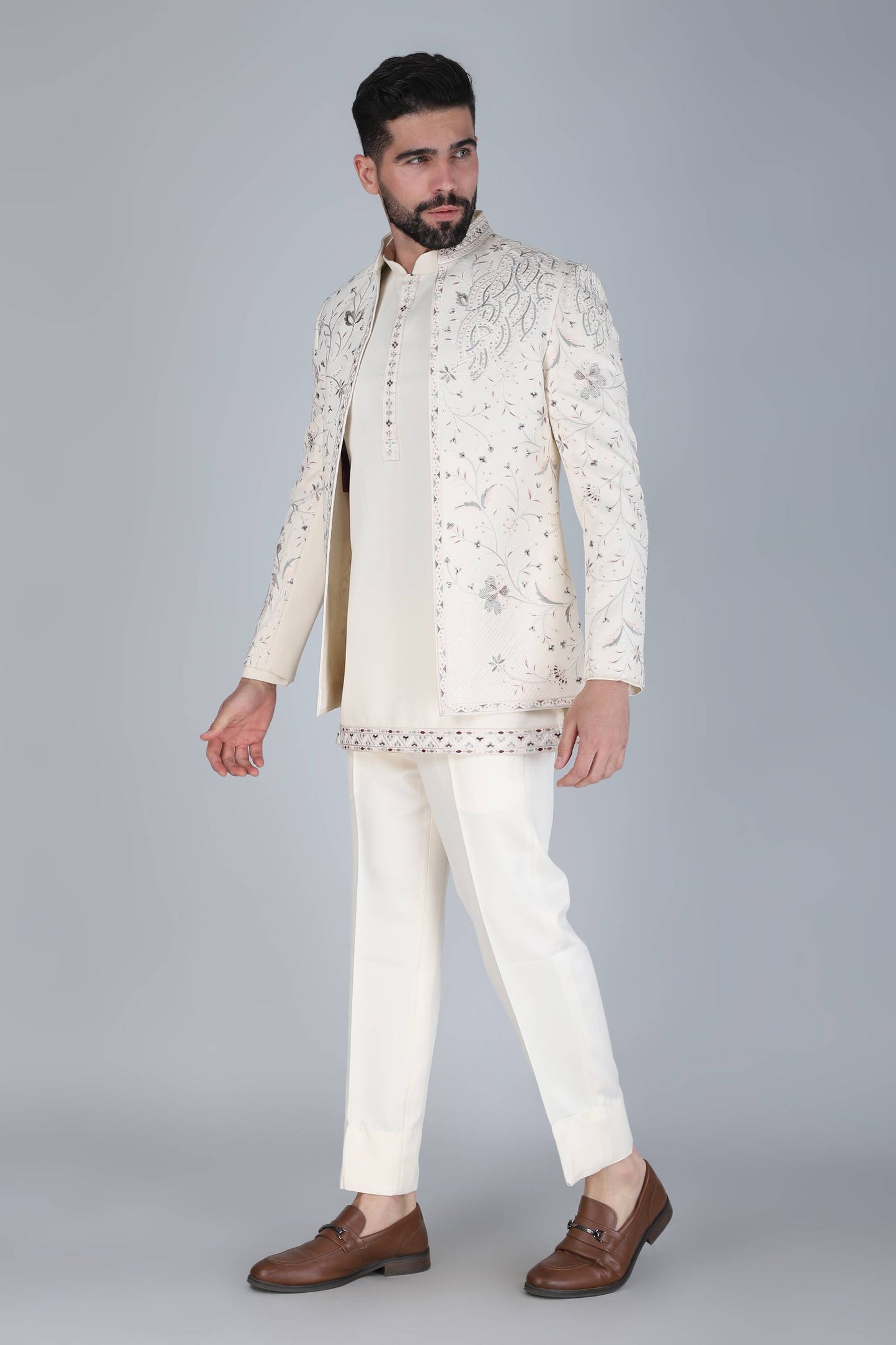 Ivory Multicolor Thread And Sequins Embroidered Short Indowestern