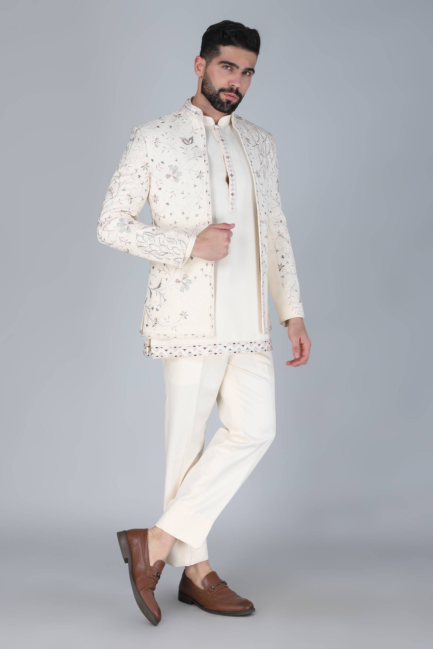 Ivory Multicolor Thread And Sequins Embroidered Short Indowestern