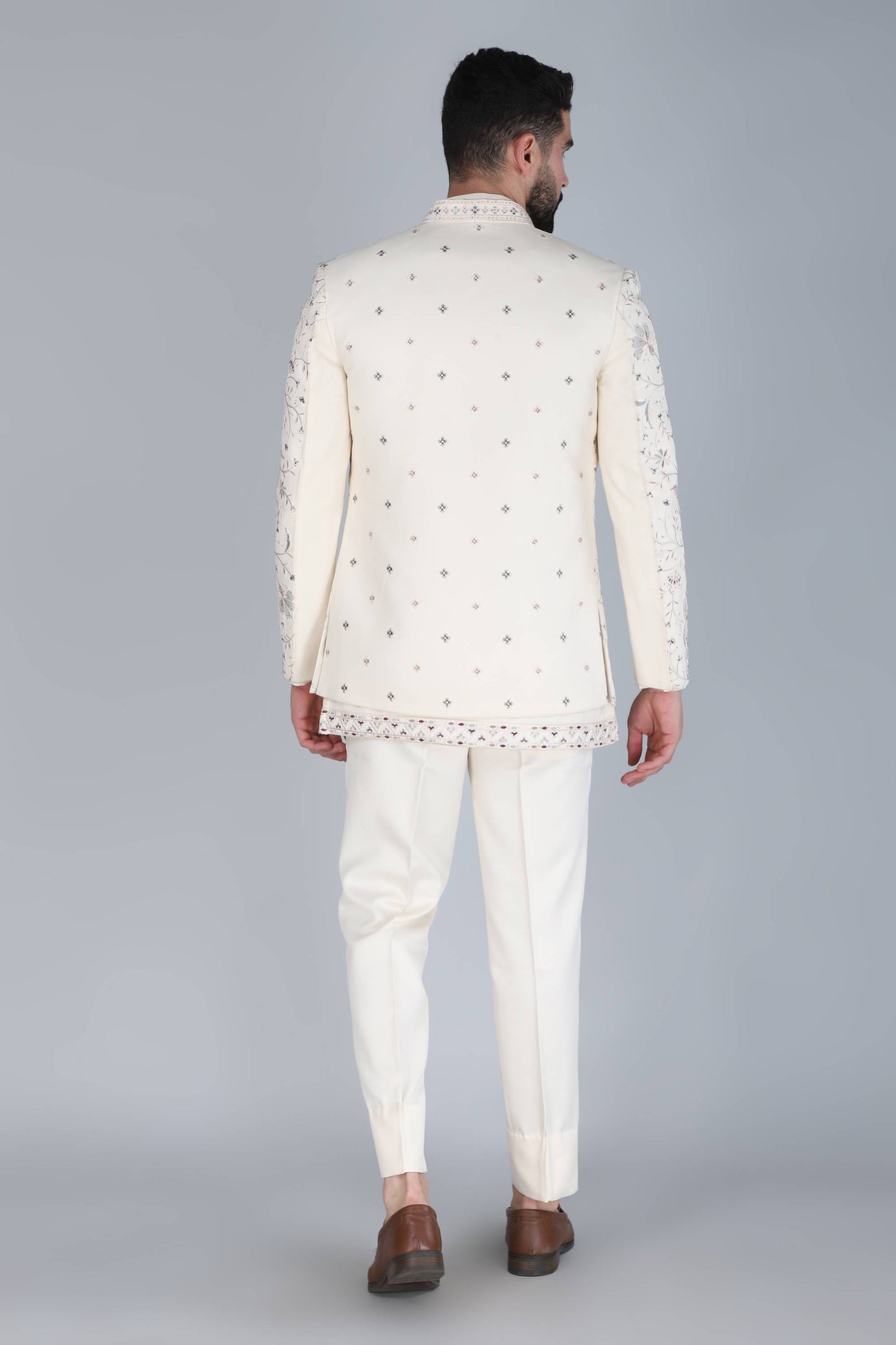 Ivory Multicolor Thread And Sequins Embroidered Short Indowestern