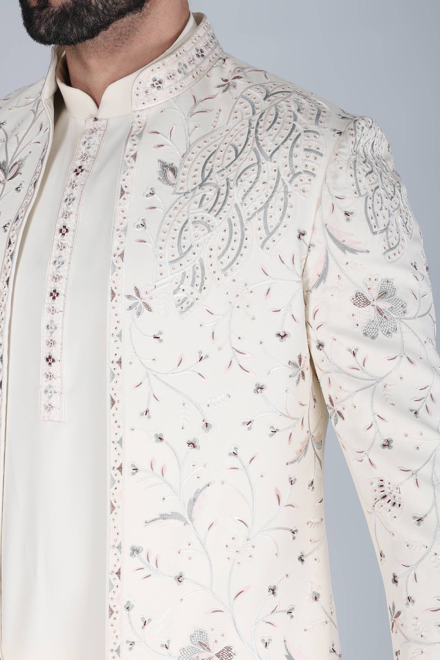 Ivory Multicolor Thread And Sequins Embroidered Short Indowestern