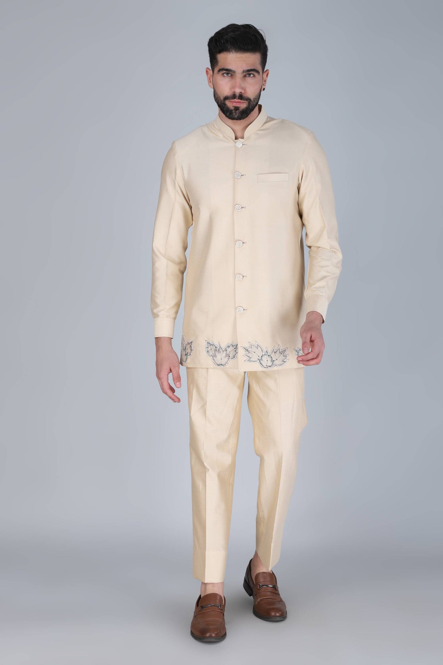 Cream Thread And Sequins Embroidered Short Indowestern On Velvet