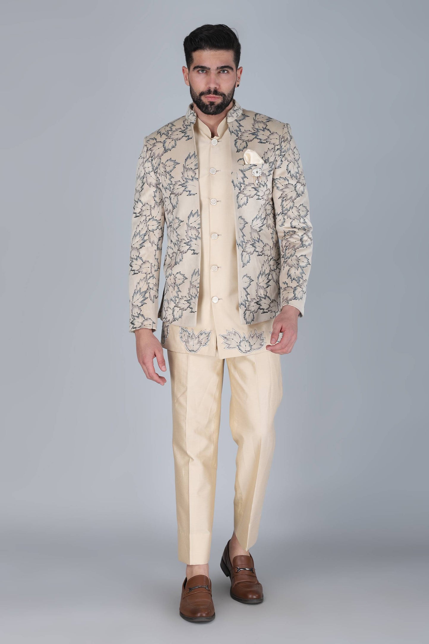 Cream Thread And Sequins Embroidered Short Indowestern On Velvet