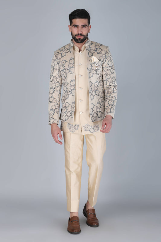 Cream Thread And Sequins Embroidered Short Indowestern On Velvet