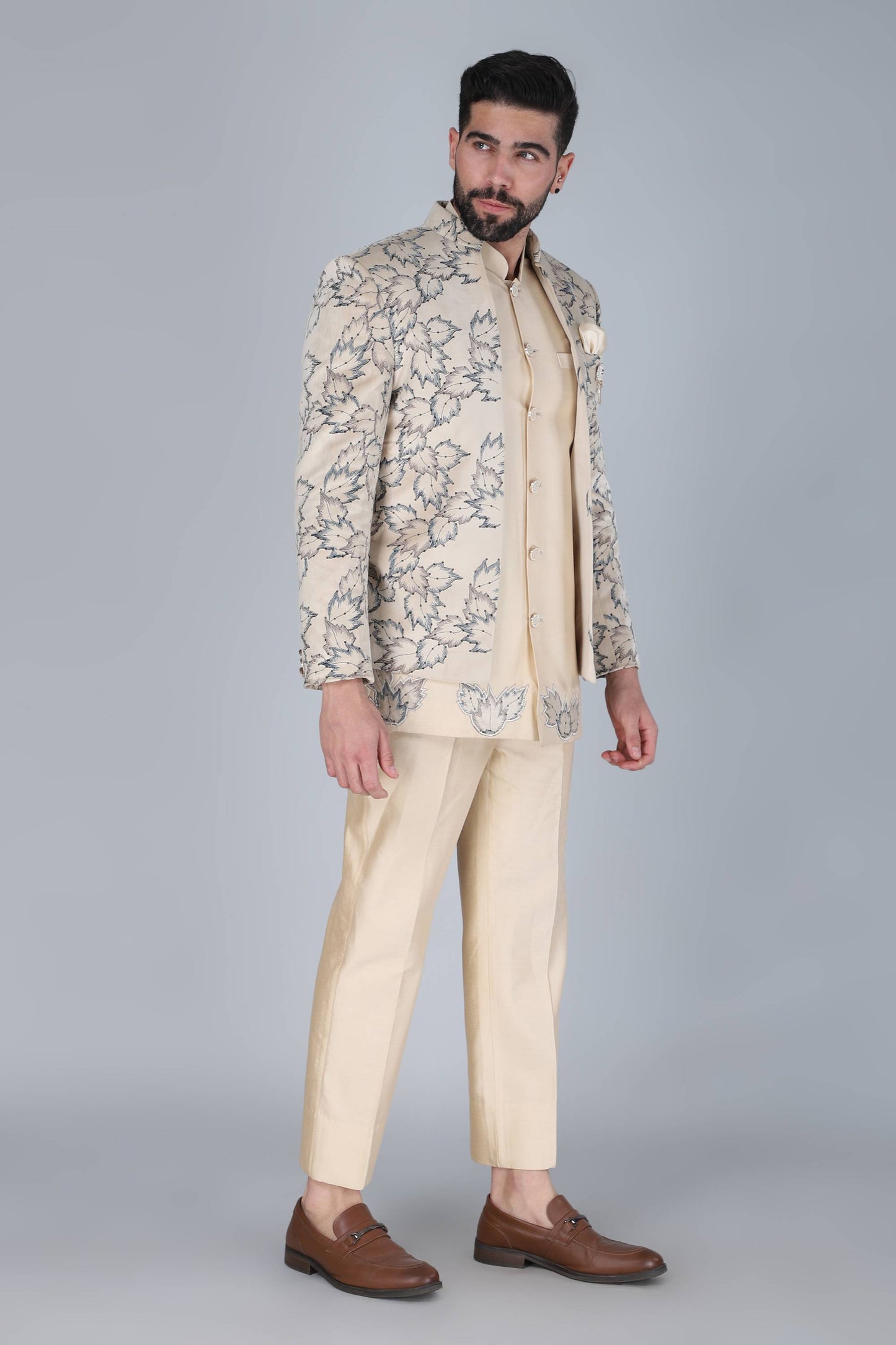 Cream Thread And Sequins Embroidered Short Indowestern On Velvet