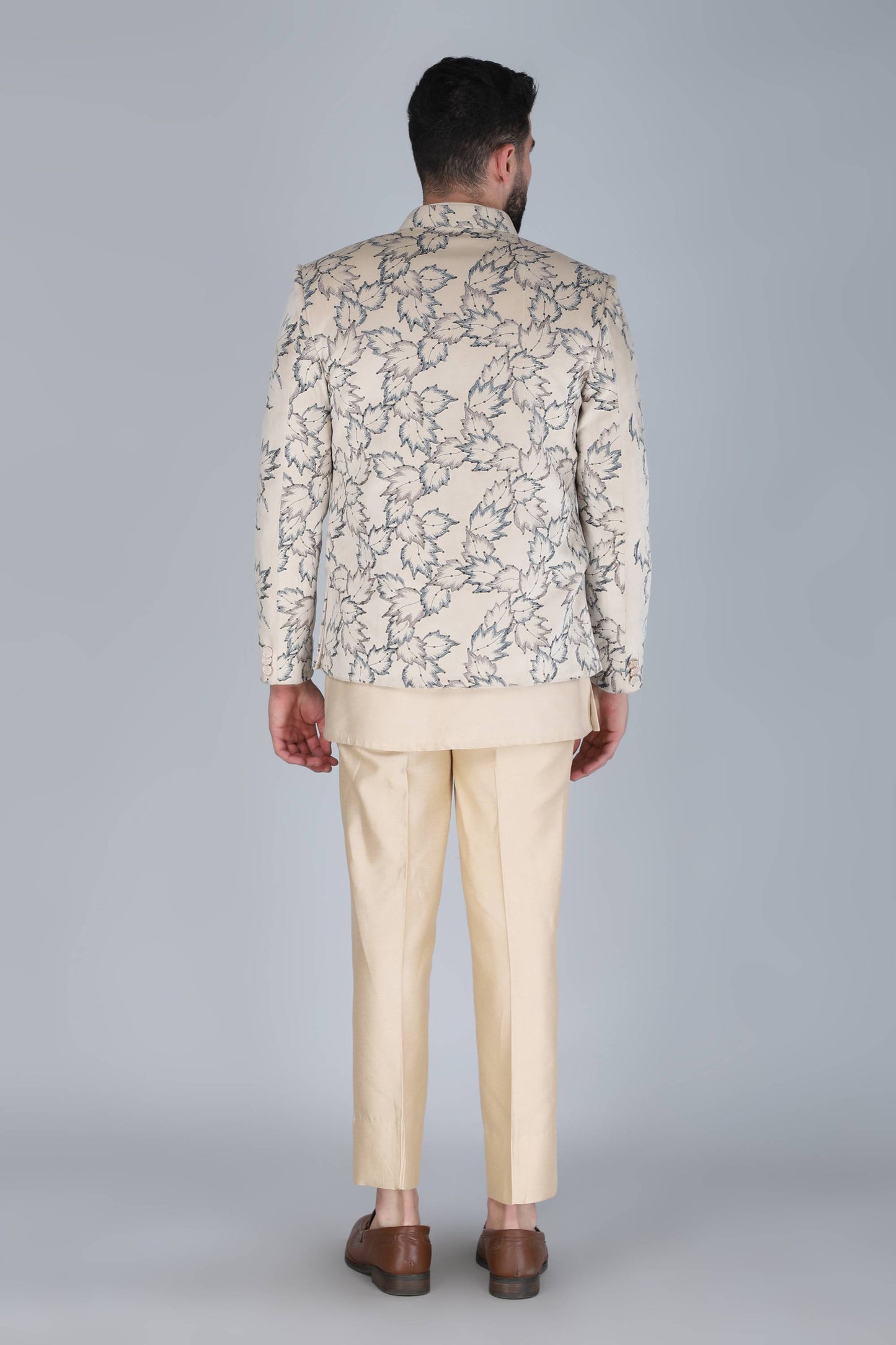 Cream Thread And Sequins Embroidered Short Indowestern On Velvet