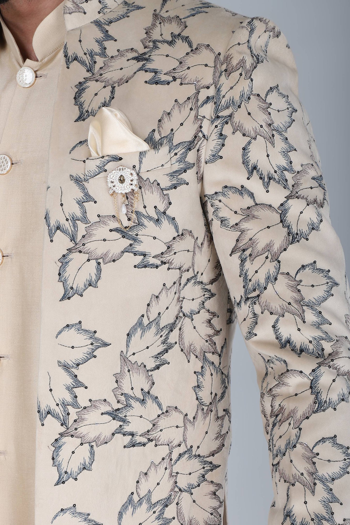 Cream Thread And Sequins Embroidered Short Indowestern On Velvet