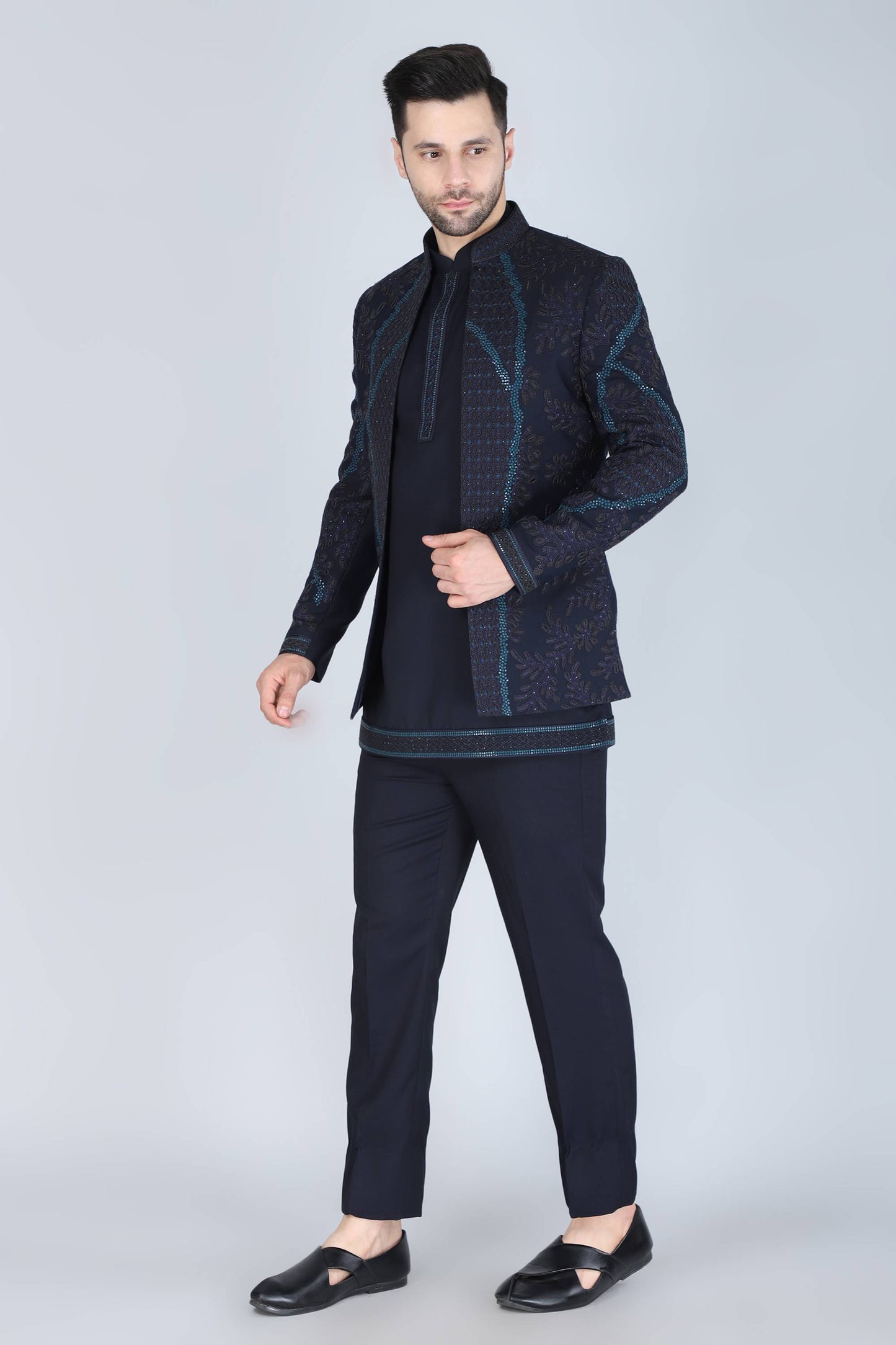 Navy Blue Thread And Sequins Embroidered Short Indowestern