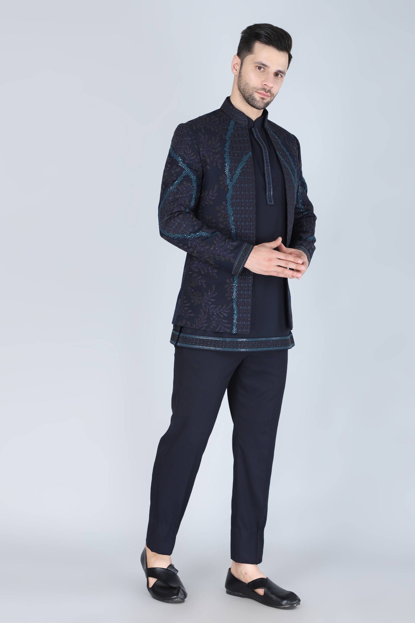 Navy Blue Thread And Sequins Embroidered Short Indowestern