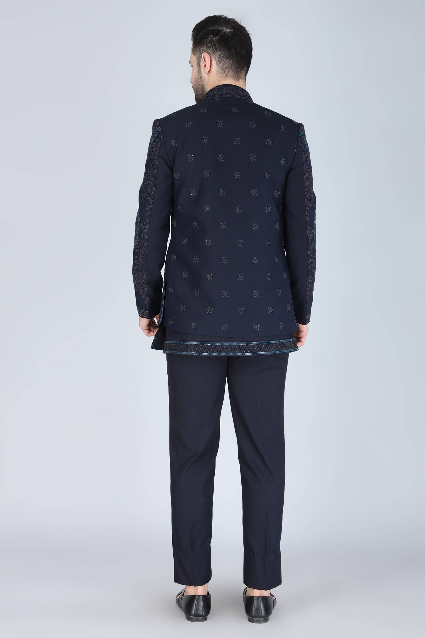 Navy Blue Thread And Sequins Embroidered Short Indowestern