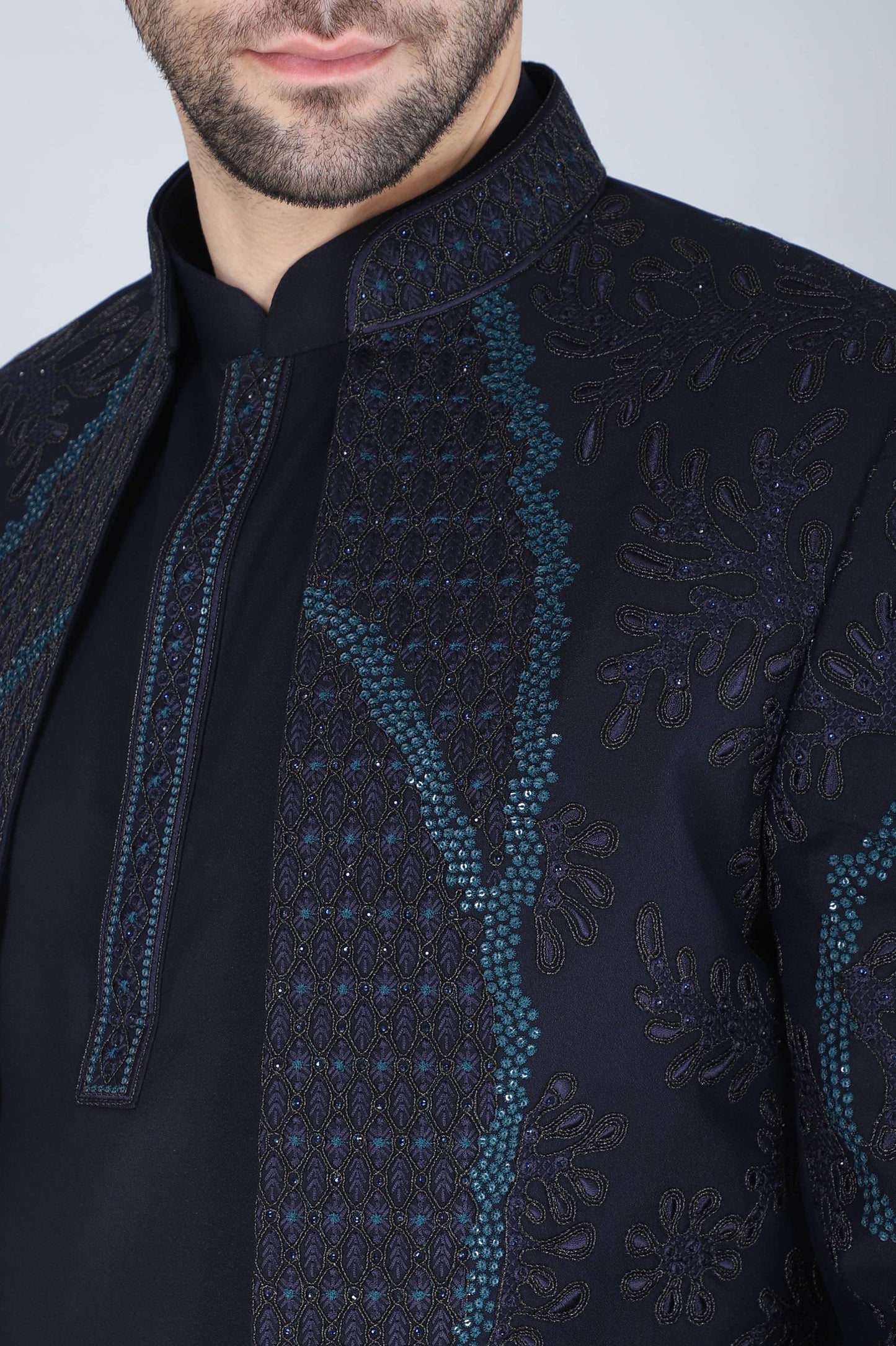 Navy Blue Thread And Sequins Embroidered Short Indowestern