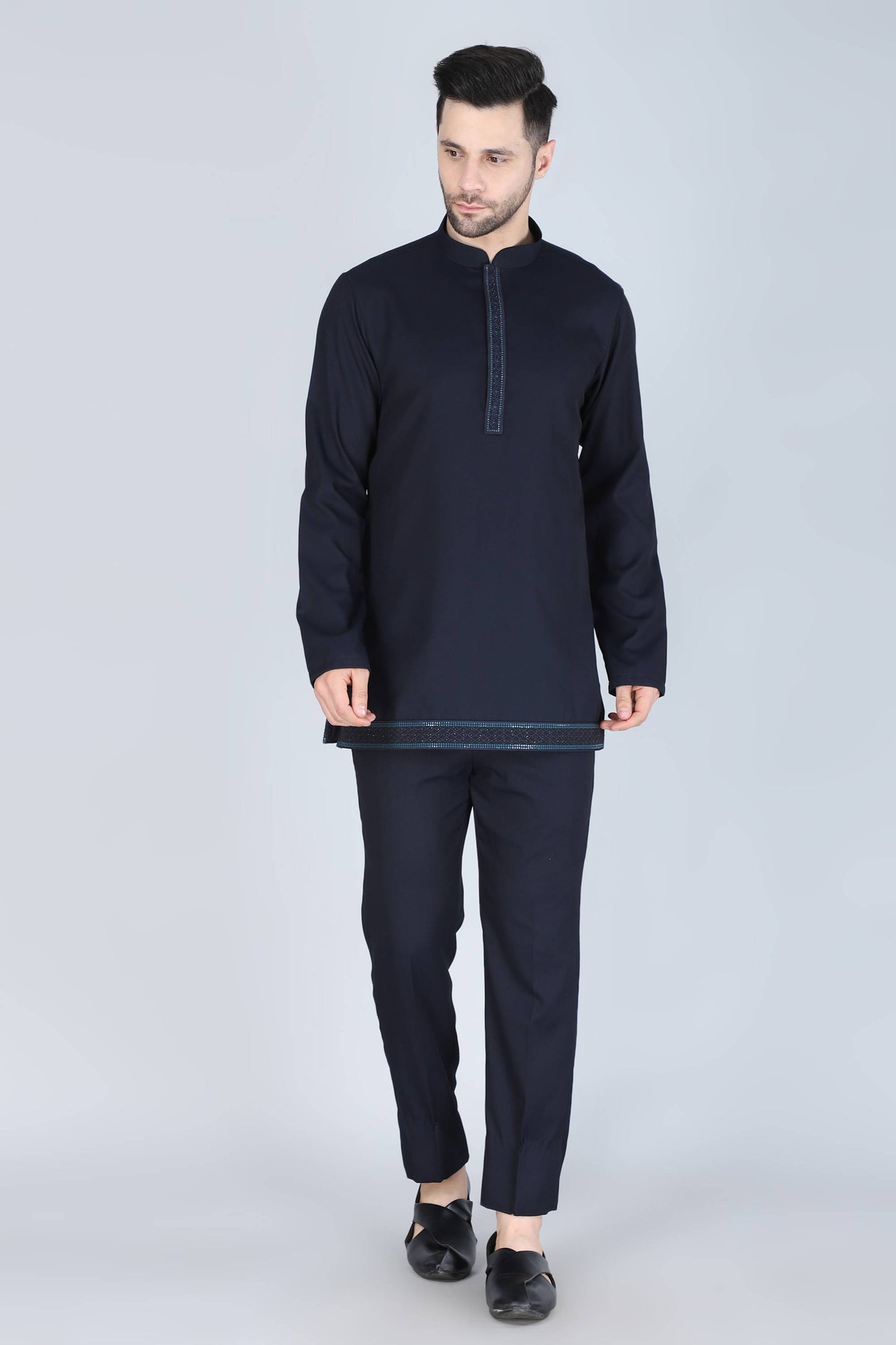 Navy Blue Thread And Sequins Embroidered Short Indowestern