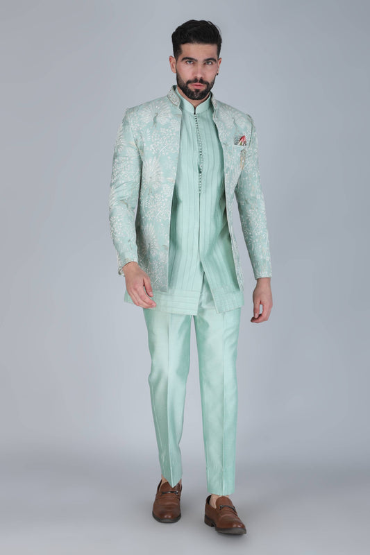 Sea Green Thread and Sequins Embroidered Short Indowestern