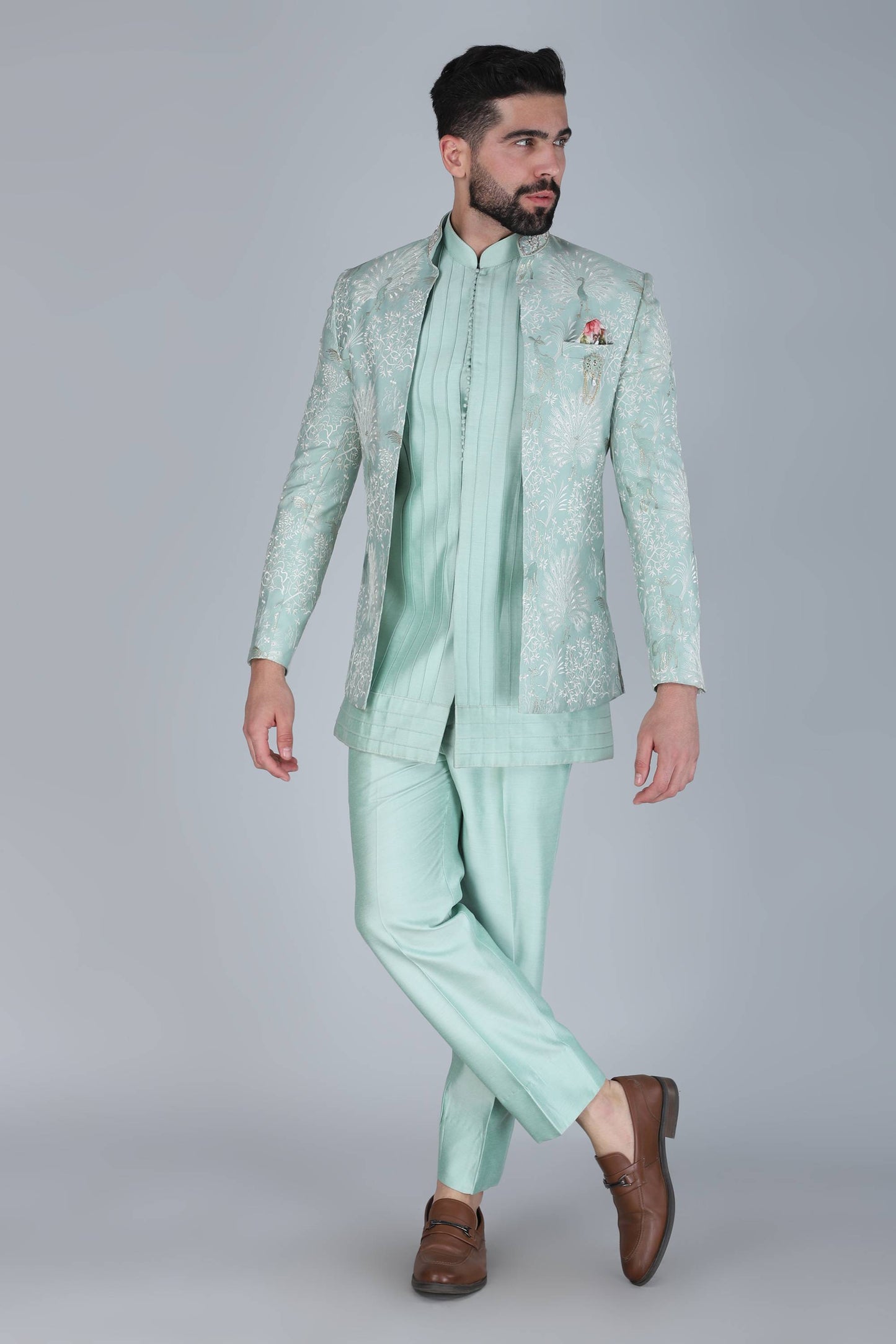 Sea Green Thread and Sequins Embroidered Short Indowestern