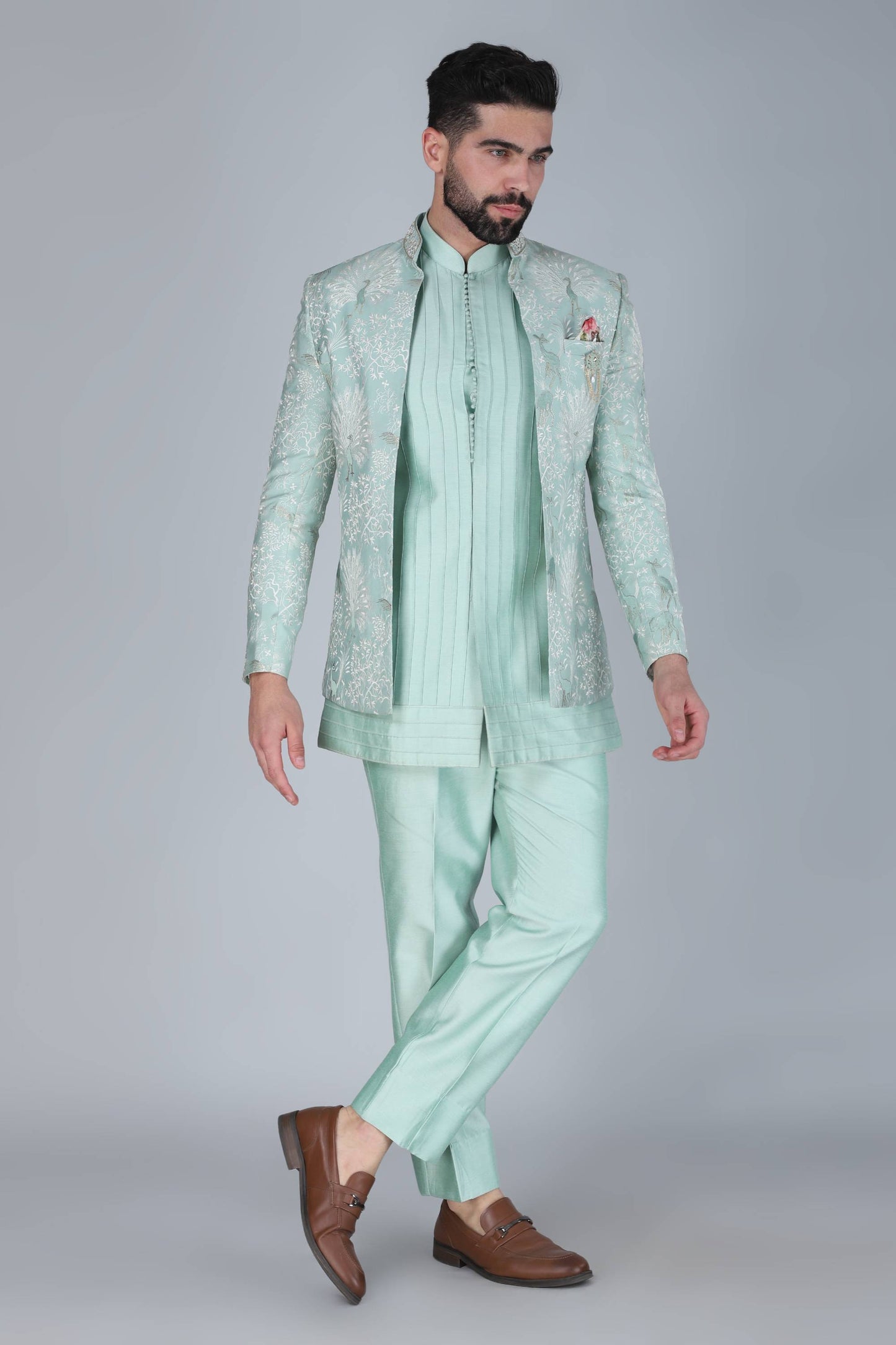 Sea Green Thread and Sequins Embroidered Short Indowestern