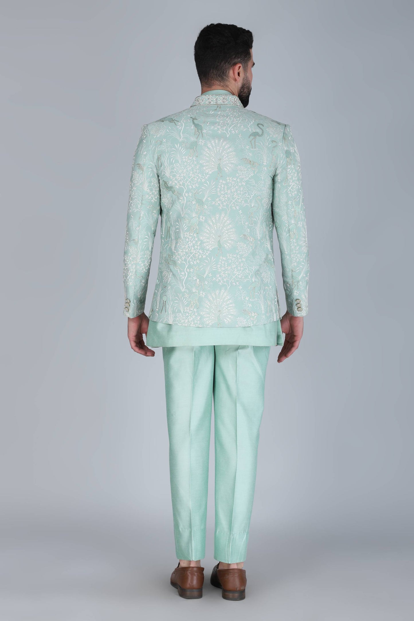 Sea Green Thread and Sequins Embroidered Short Indowestern