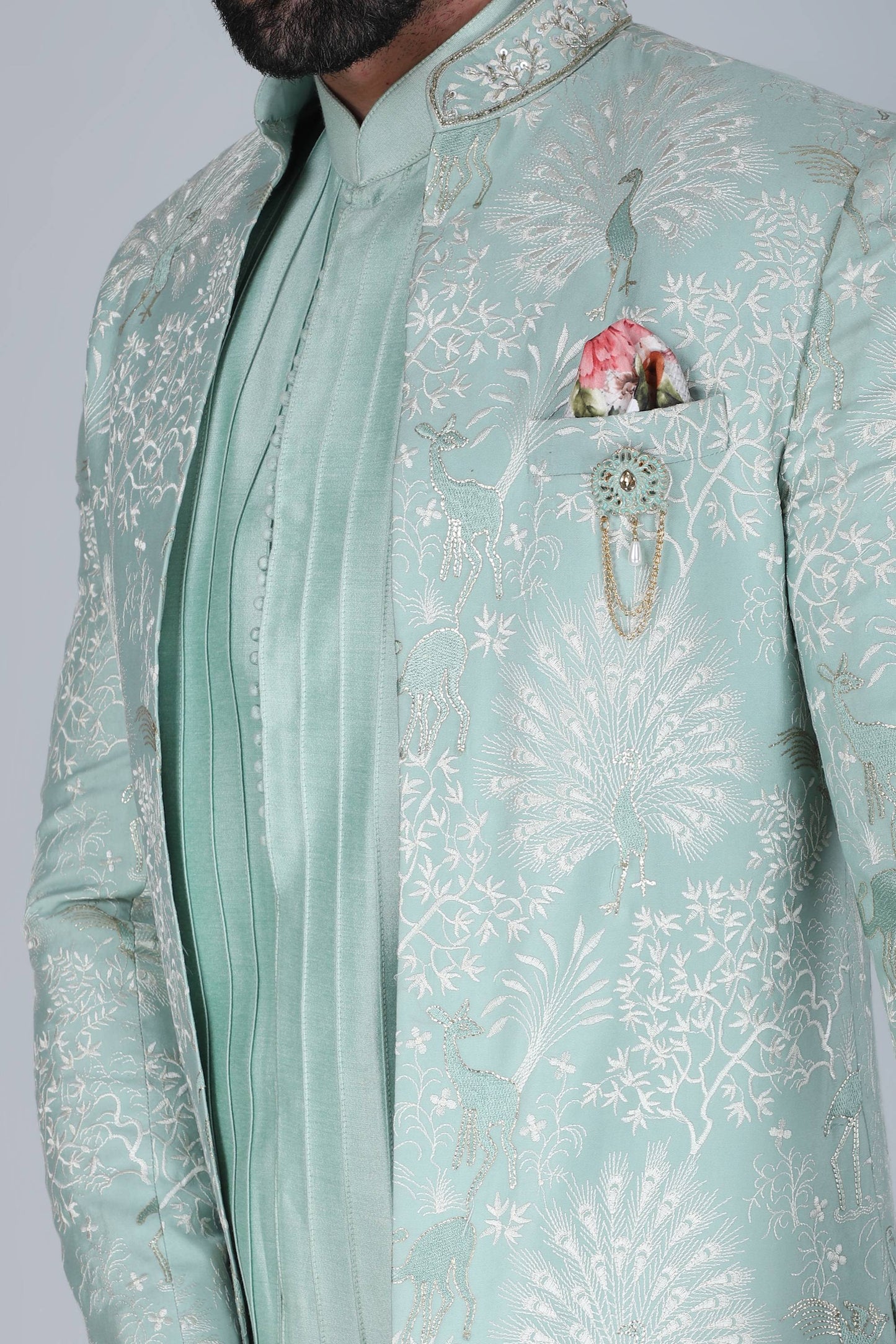 Sea Green Thread and Sequins Embroidered Short Indowestern