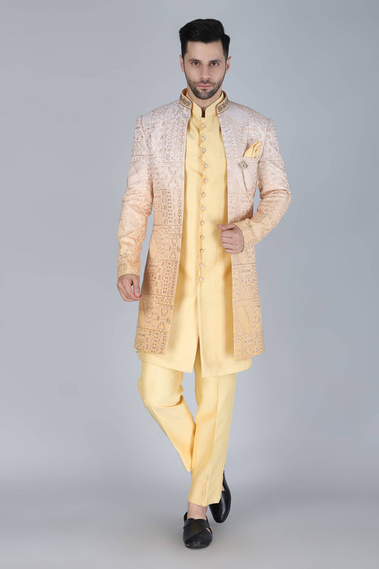 Yellow Ombre Thread And Sequins Embroidered Indowestern