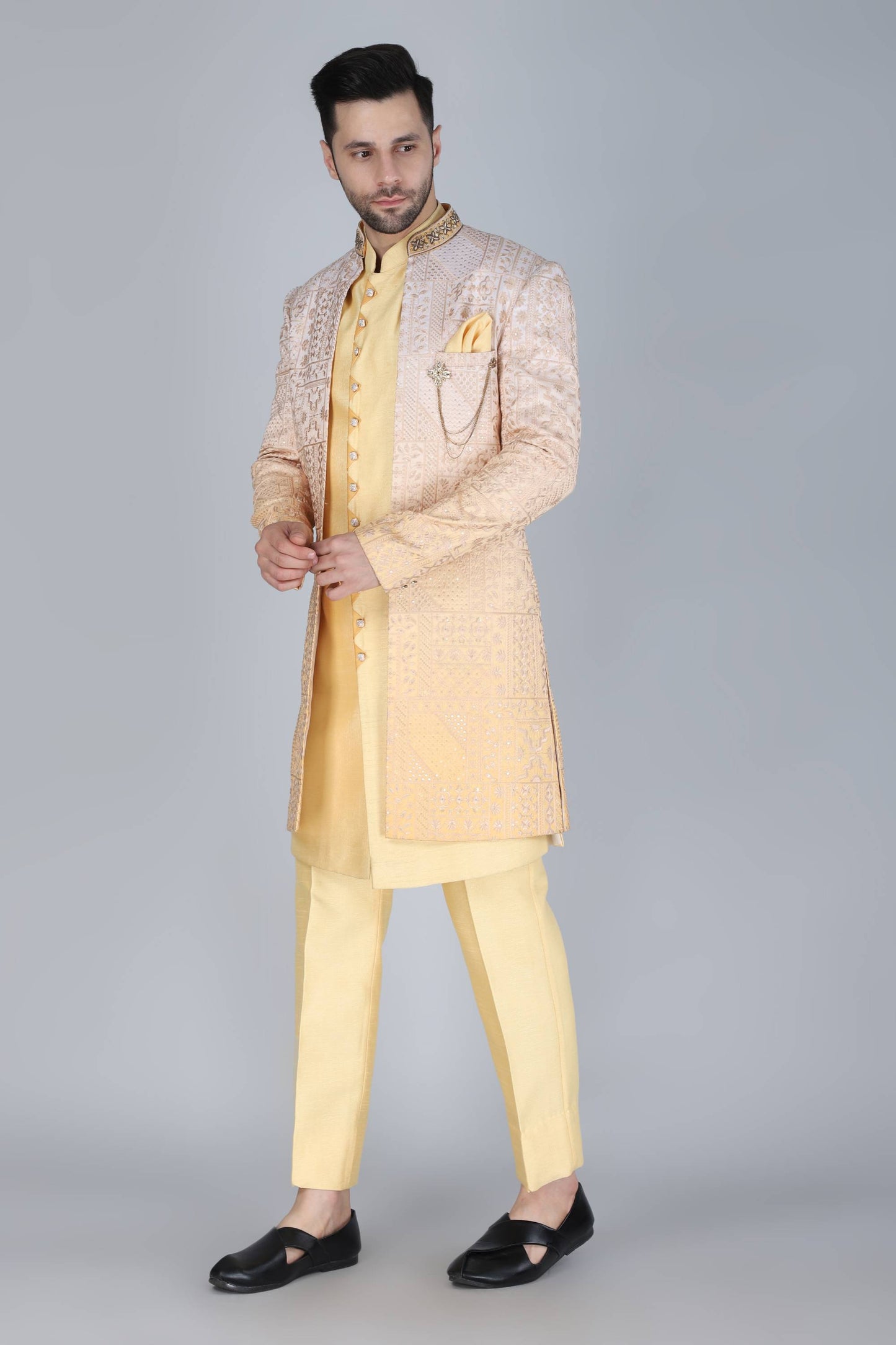 Yellow Ombre Thread And Sequins Embroidered Indowestern