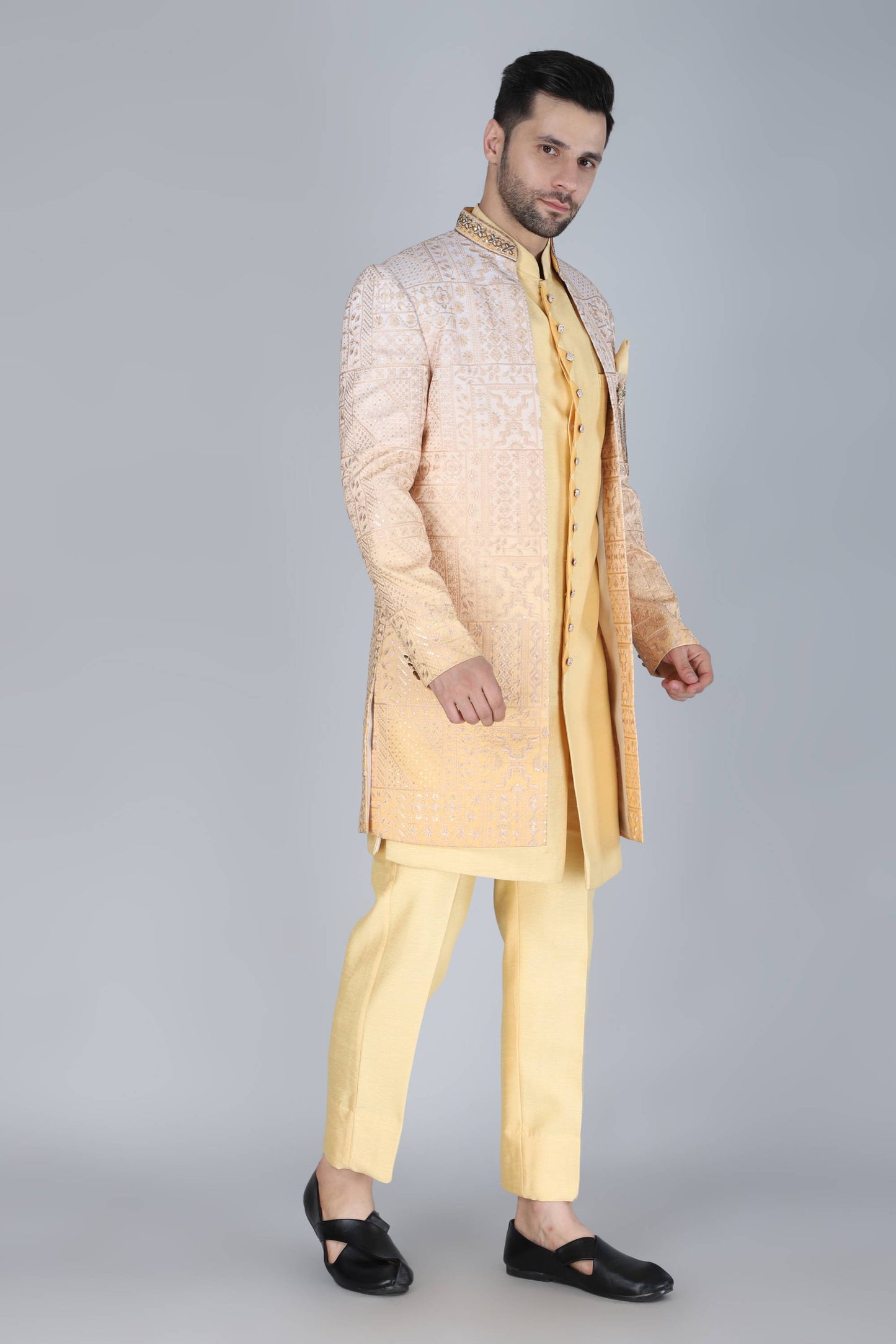 Yellow Ombre Thread And Sequins Embroidered Indowestern