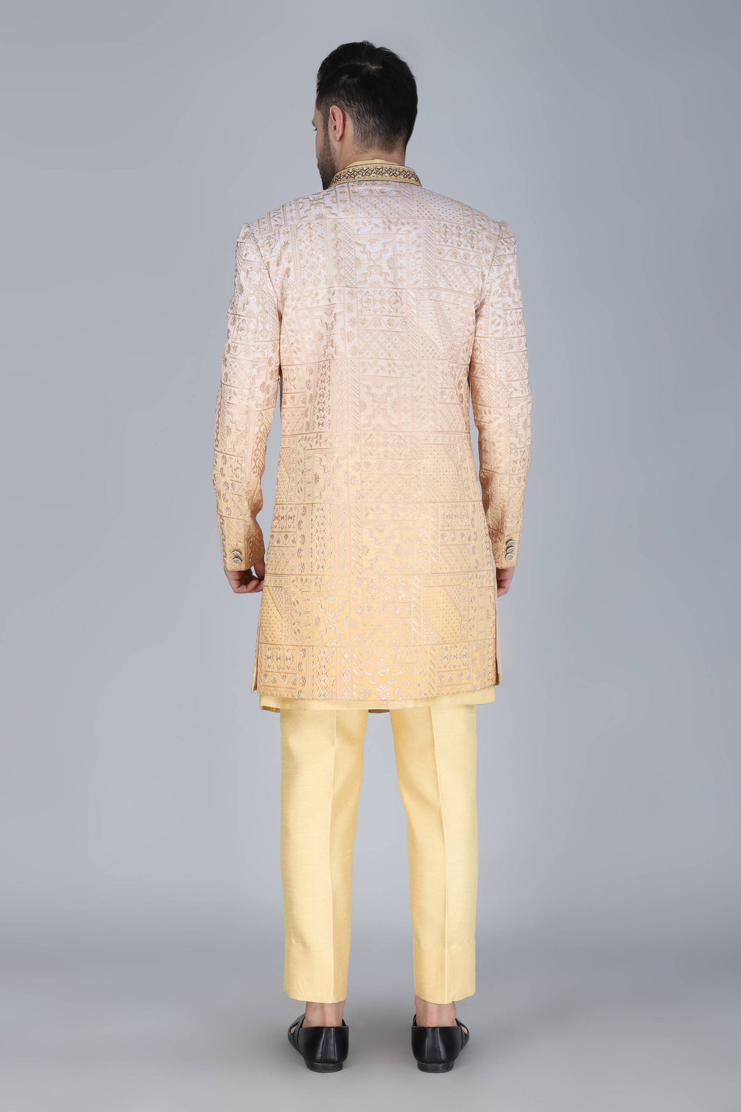 Yellow Ombre Thread And Sequins Embroidered Indowestern