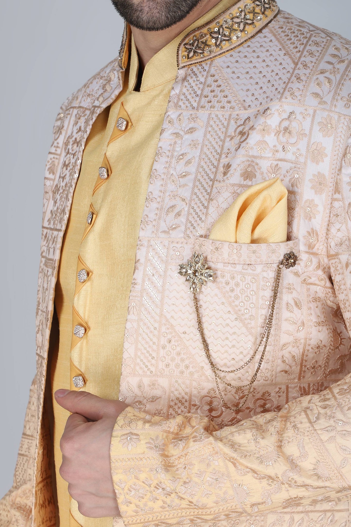 Yellow Ombre Thread And Sequins Embroidered Indowestern