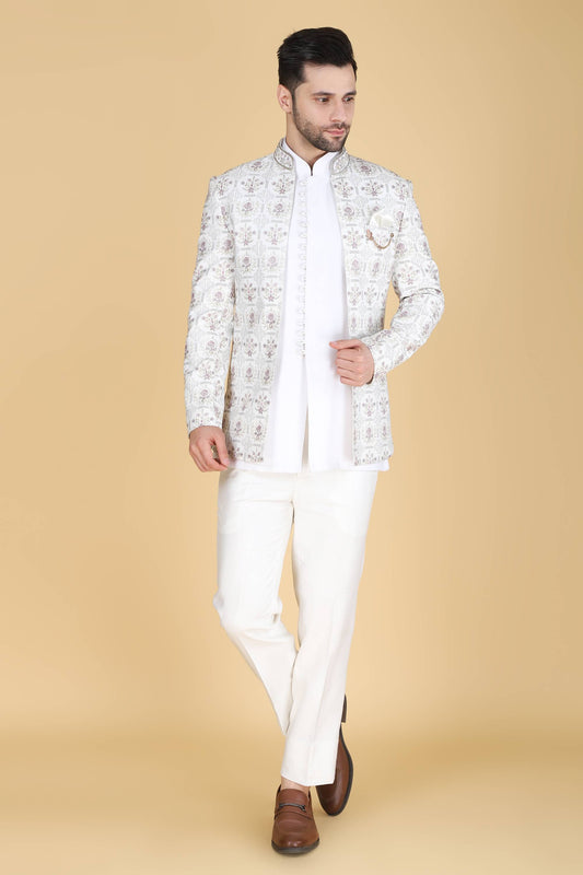 White Multicolor Thread And Sequins Embroidered Short Indowestern