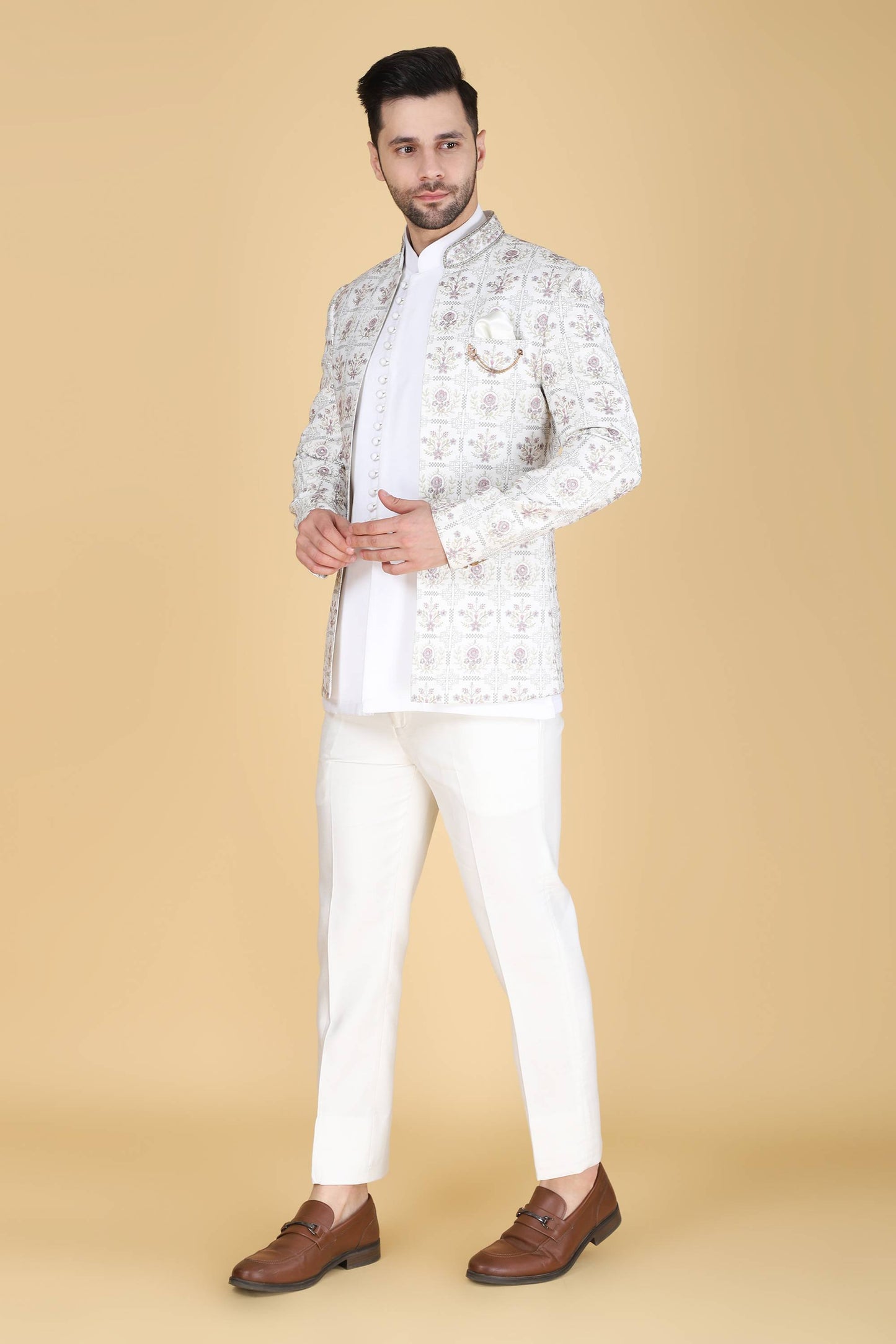White Multicolor Thread And Sequins Embroidered Short Indowestern