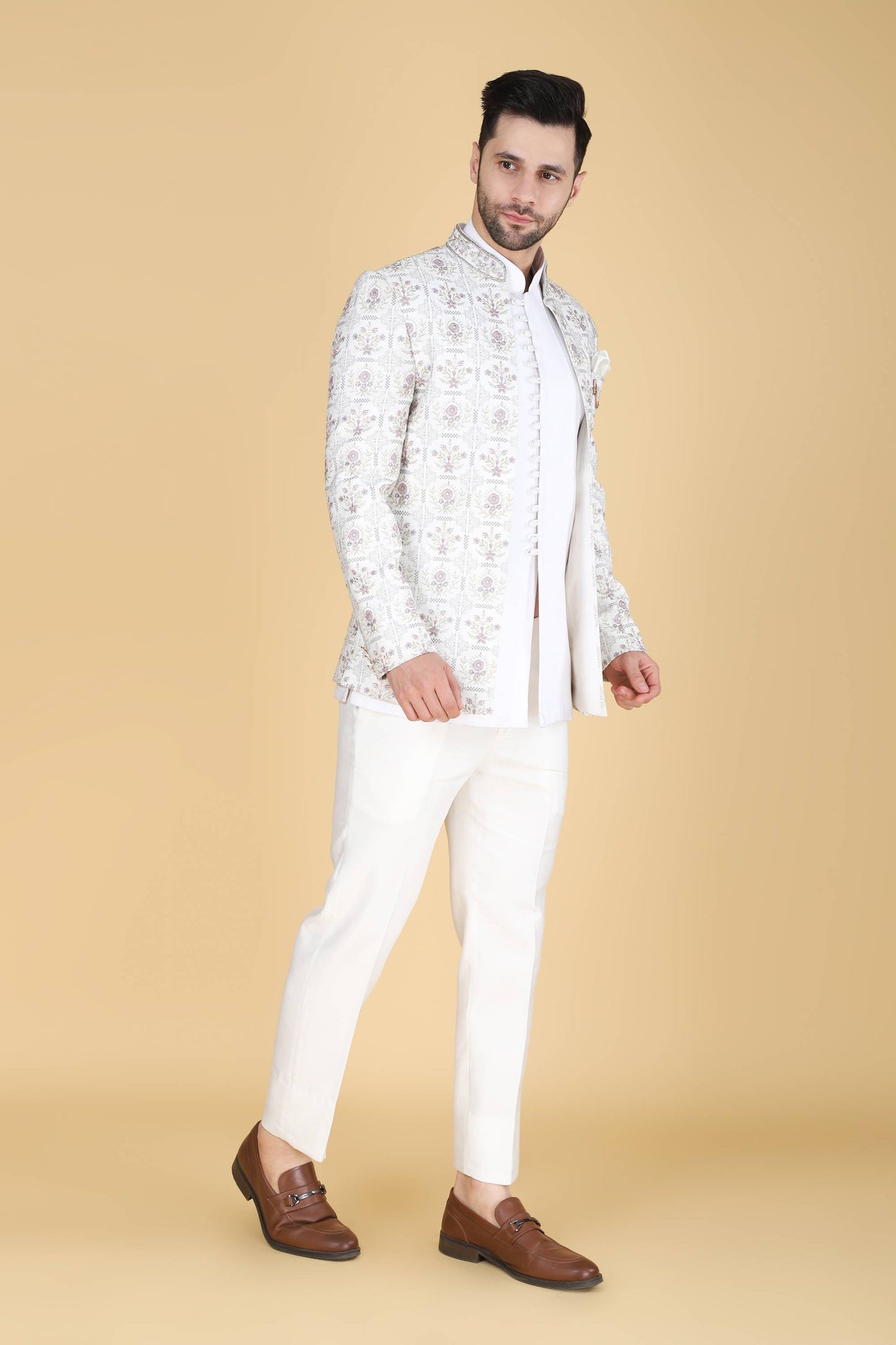 White Multicolor Thread And Sequins Embroidered Short Indowestern
