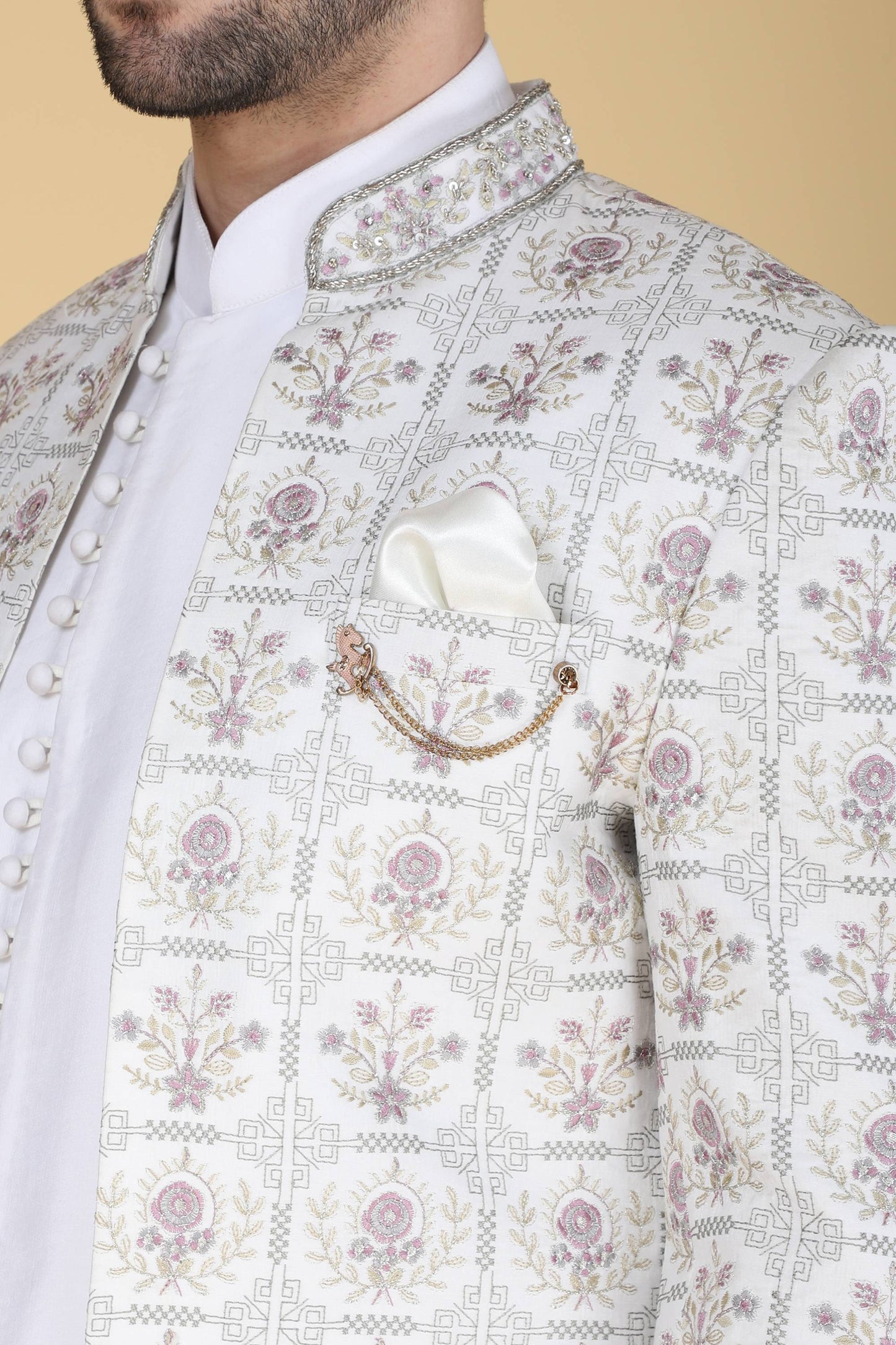 White Multicolor Thread And Sequins Embroidered Short Indowestern