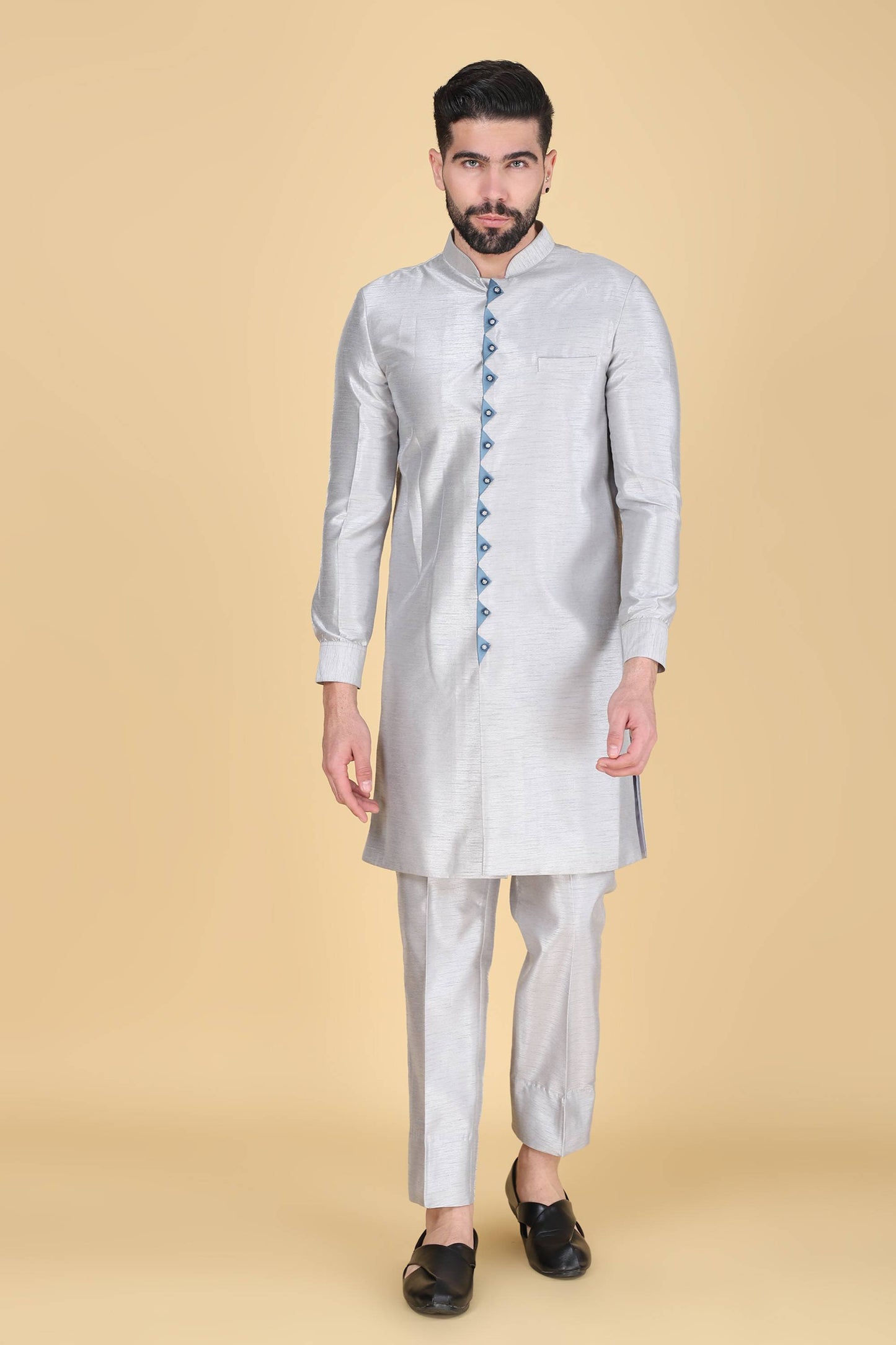 Grey Ombre Thread And Sequins Embroidered Indowestern