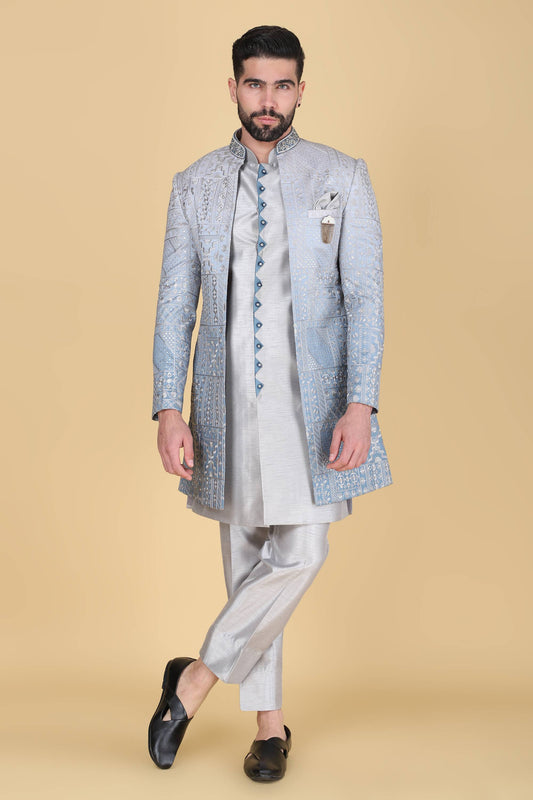 Grey Ombre Thread And Sequins Embroidered Indowestern