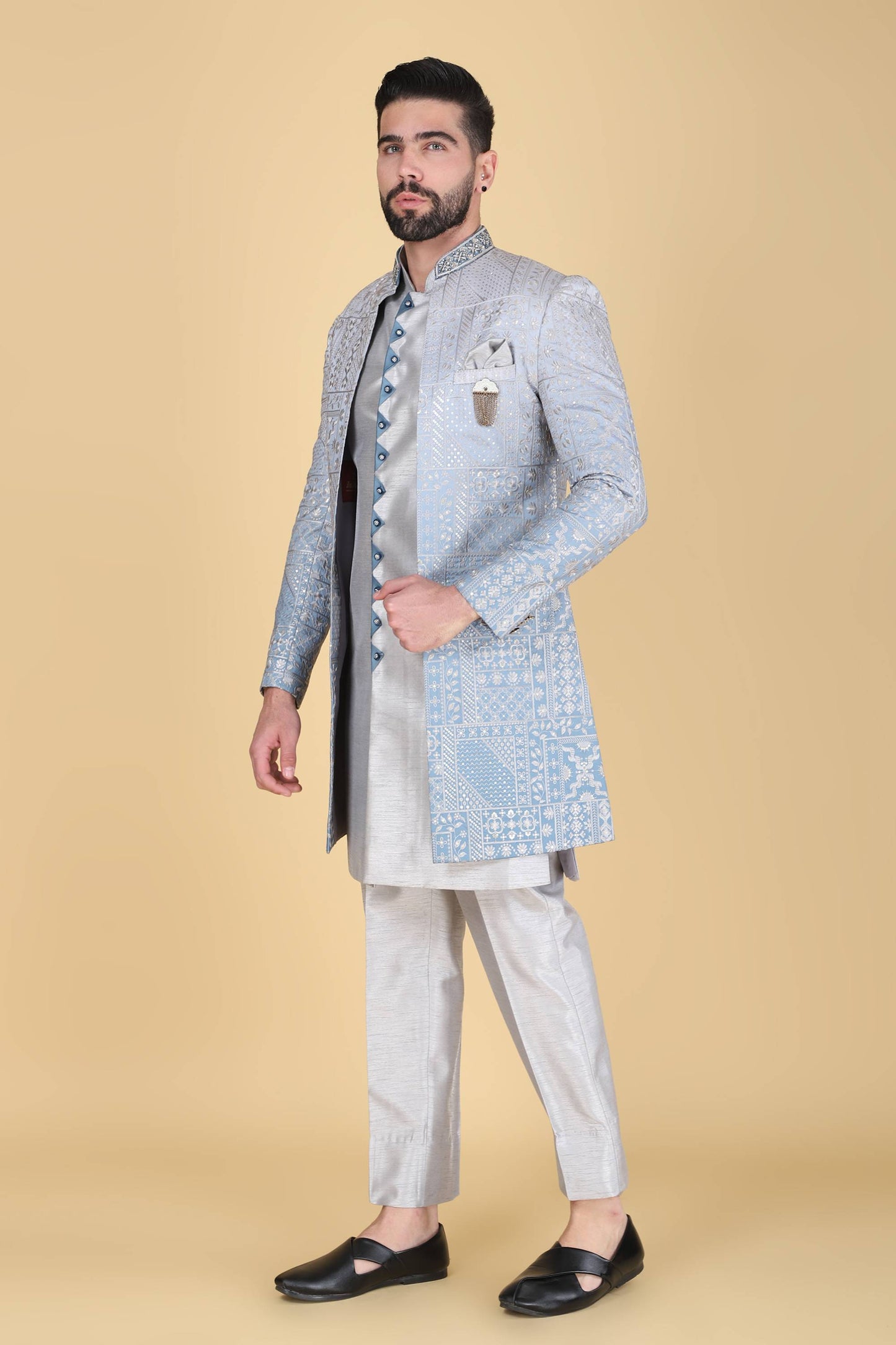 Grey Ombre Thread And Sequins Embroidered Indowestern