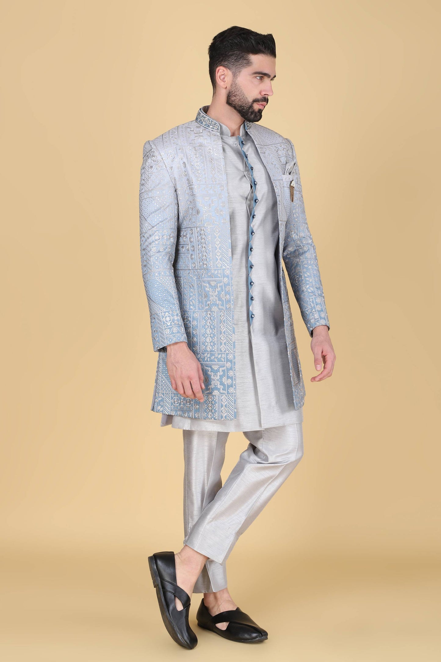 Grey Ombre Thread And Sequins Embroidered Indowestern