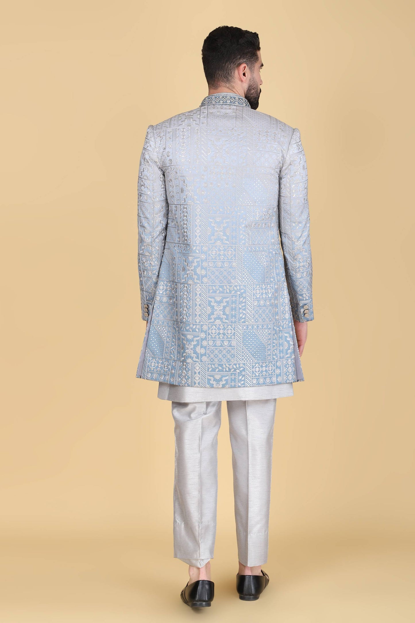 Grey Ombre Thread And Sequins Embroidered Indowestern