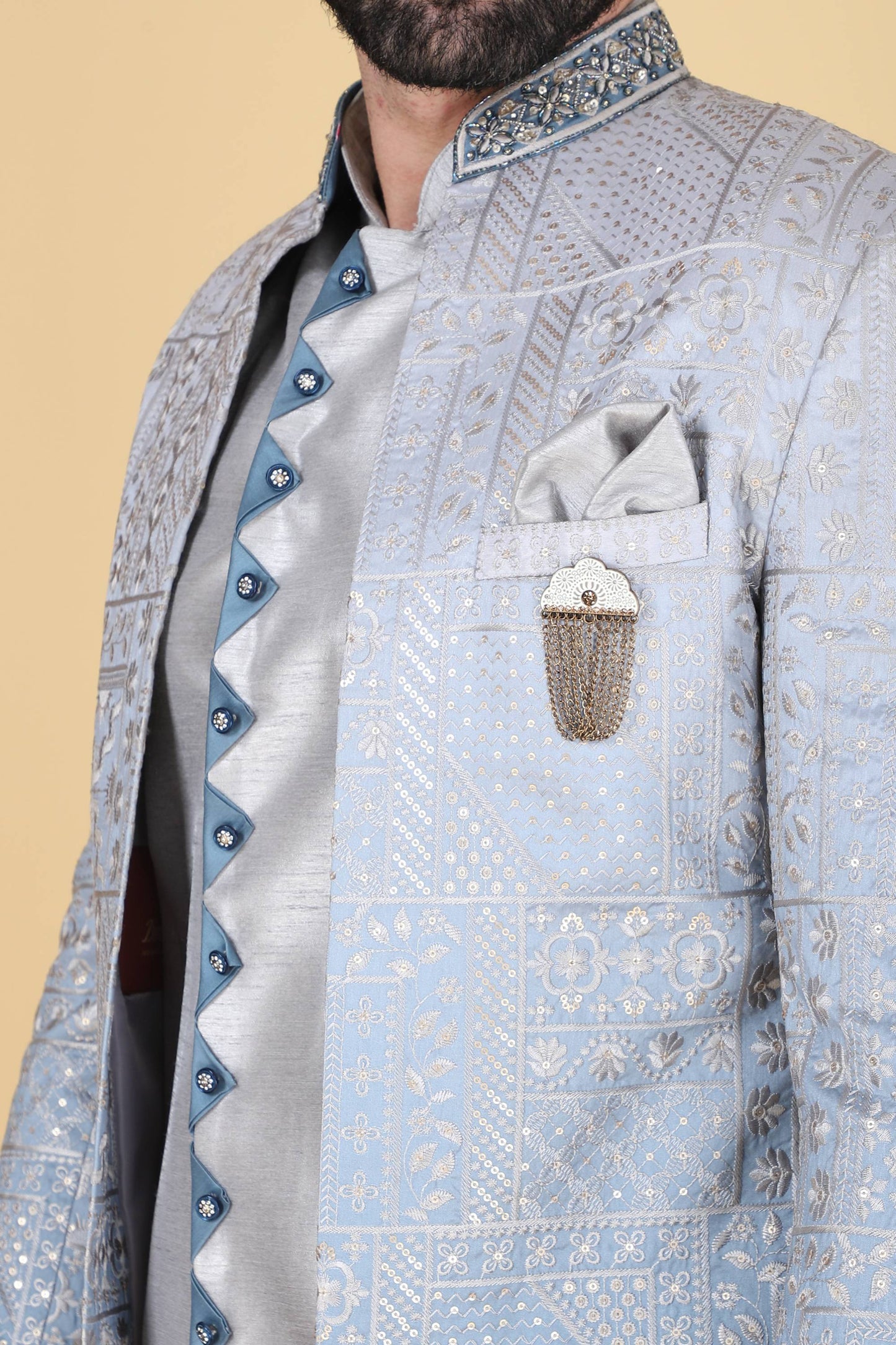 Grey Ombre Thread And Sequins Embroidered Indowestern