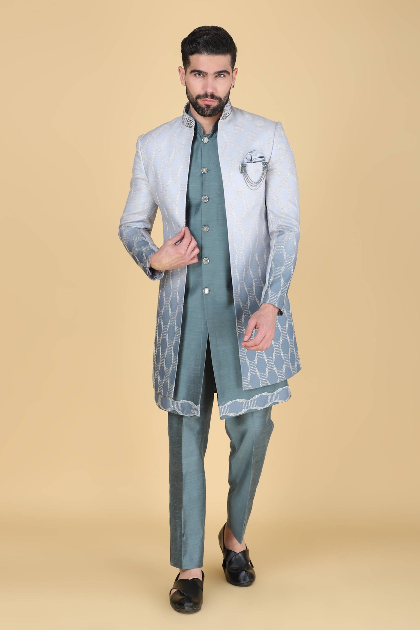 Steel Blue Grey Thread and Sequins Embroidered Indowestern
