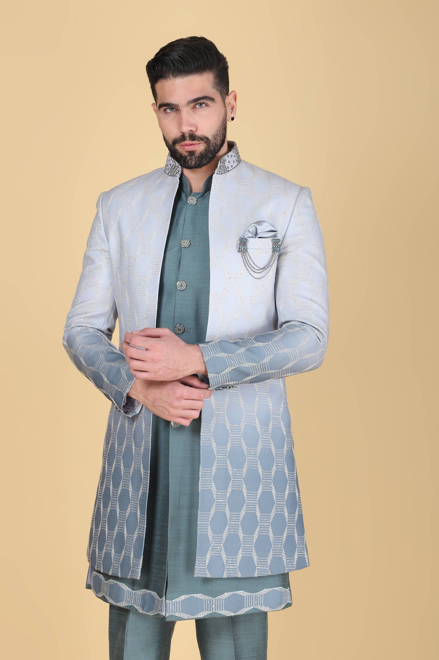 Steel Blue Grey Thread and Sequins Embroidered Indowestern