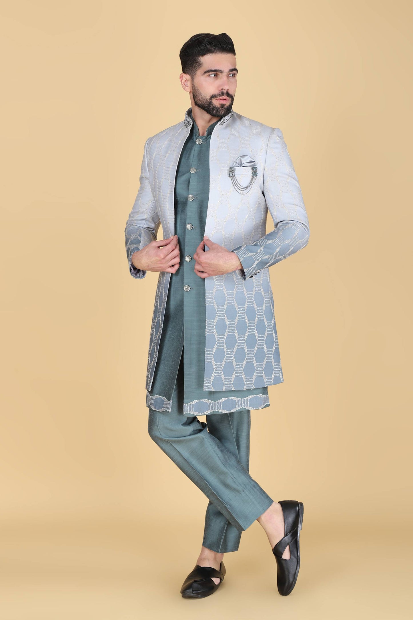 Steel Blue Grey Thread and Sequins Embroidered Indowestern