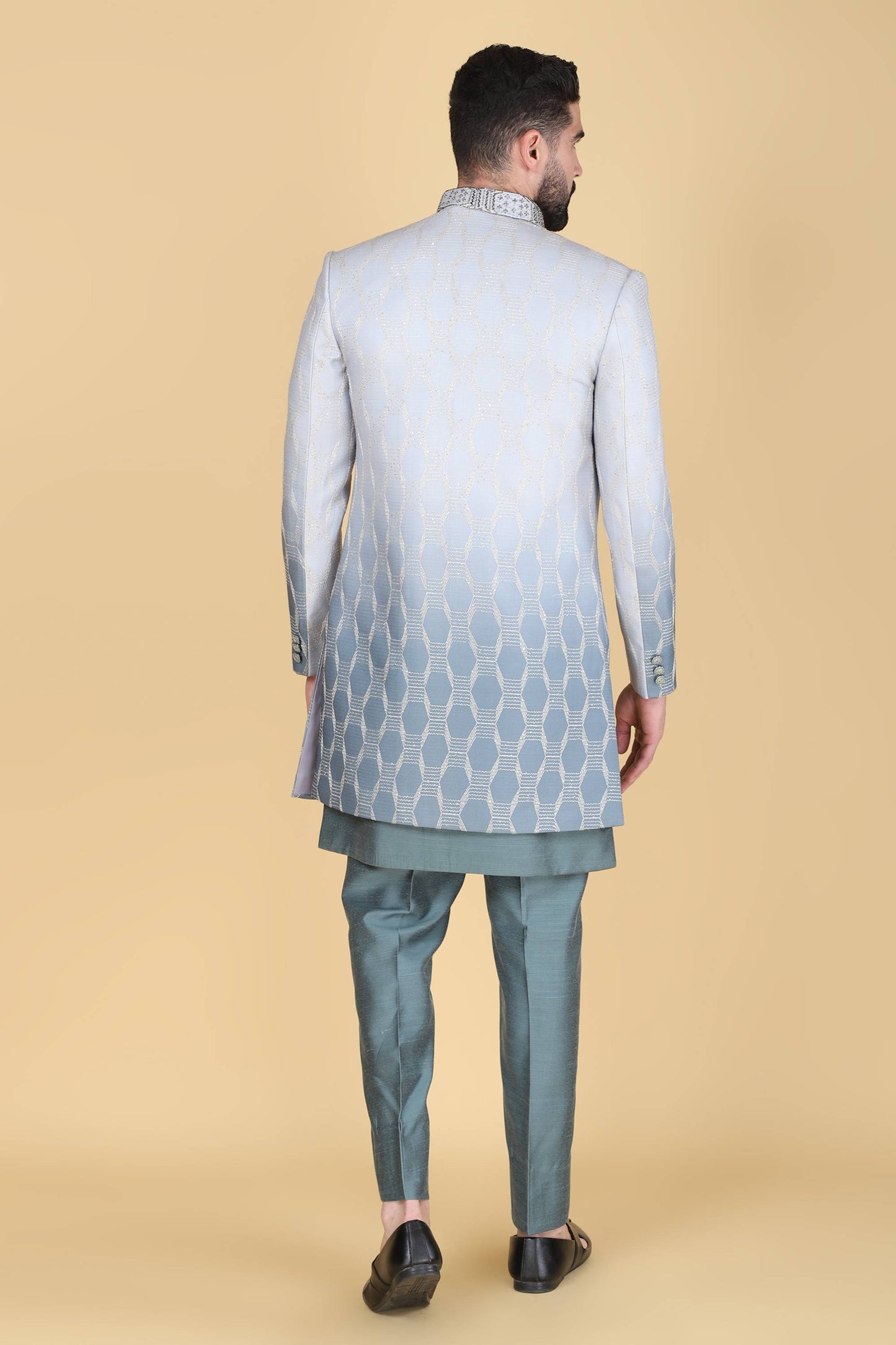 Steel Blue Grey Thread and Sequins Embroidered Indowestern