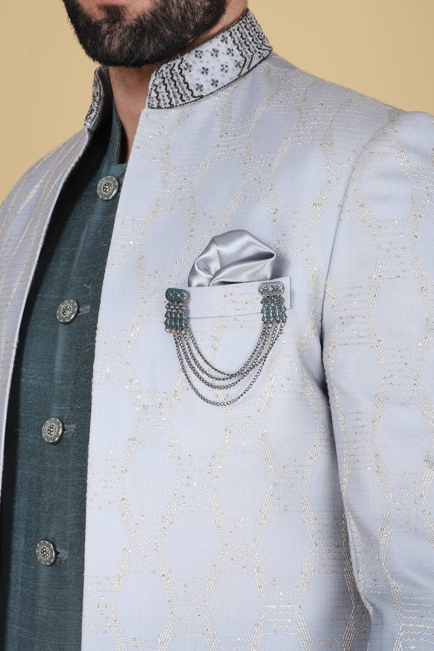 Steel Blue Grey Thread and Sequins Embroidered Indowestern