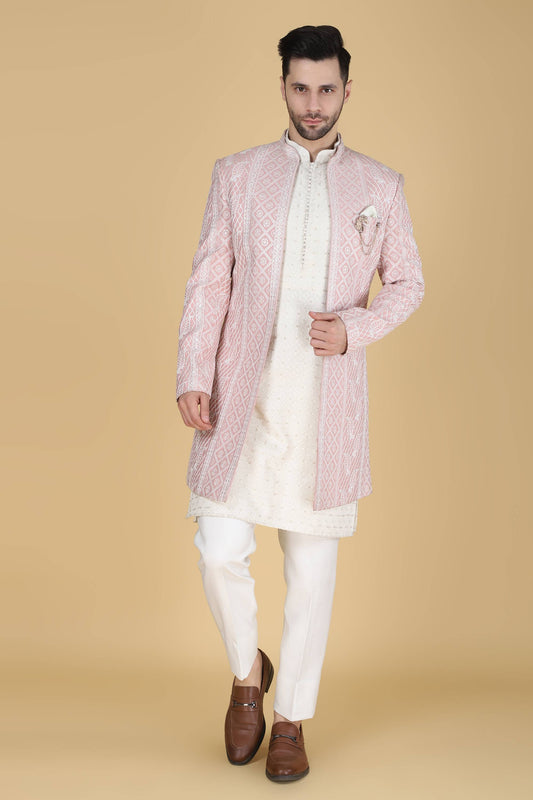 Pink Thread Embroidered Indowestern With Kurta