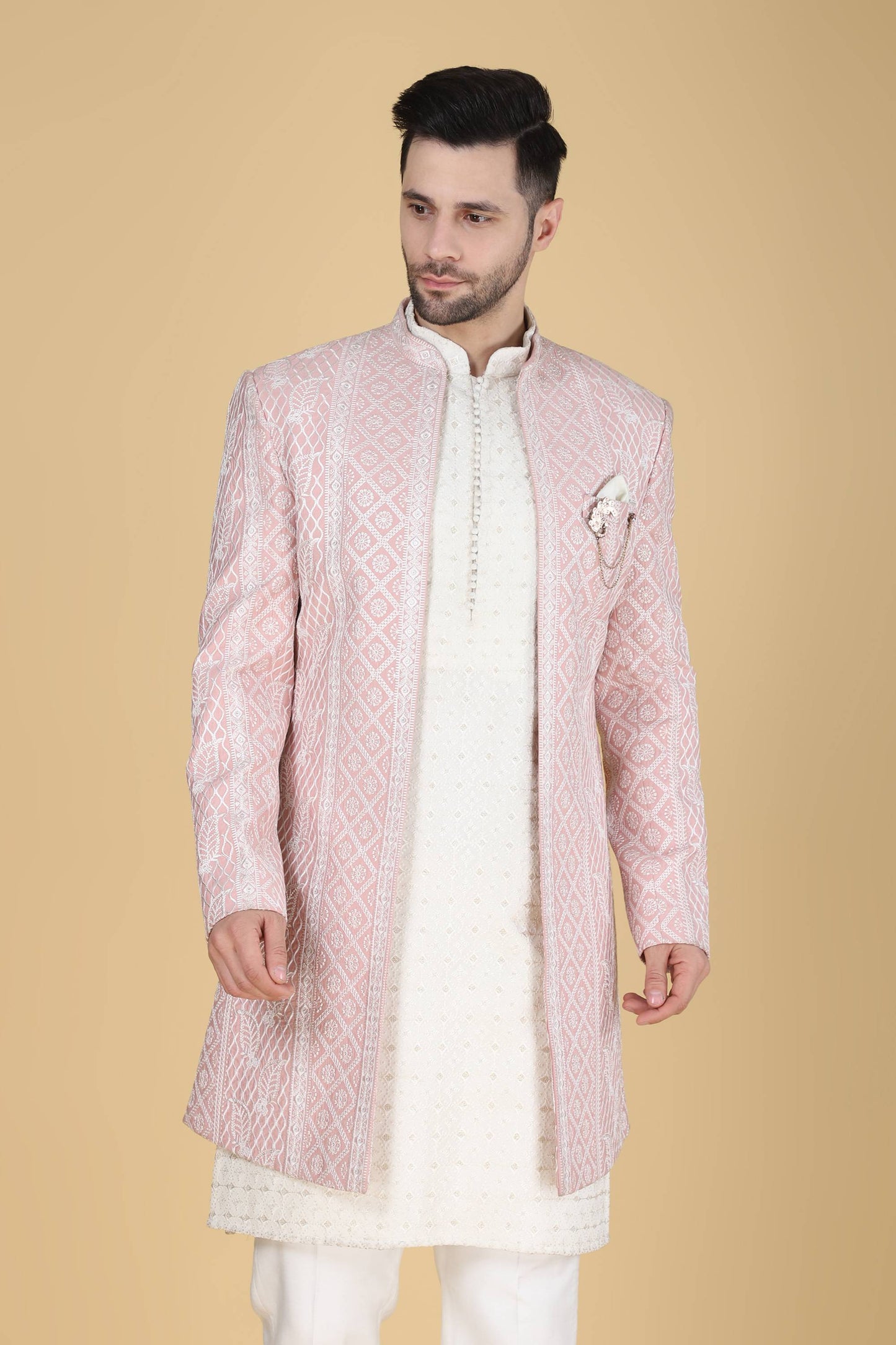Pink Thread Embroidered Indowestern With Kurta