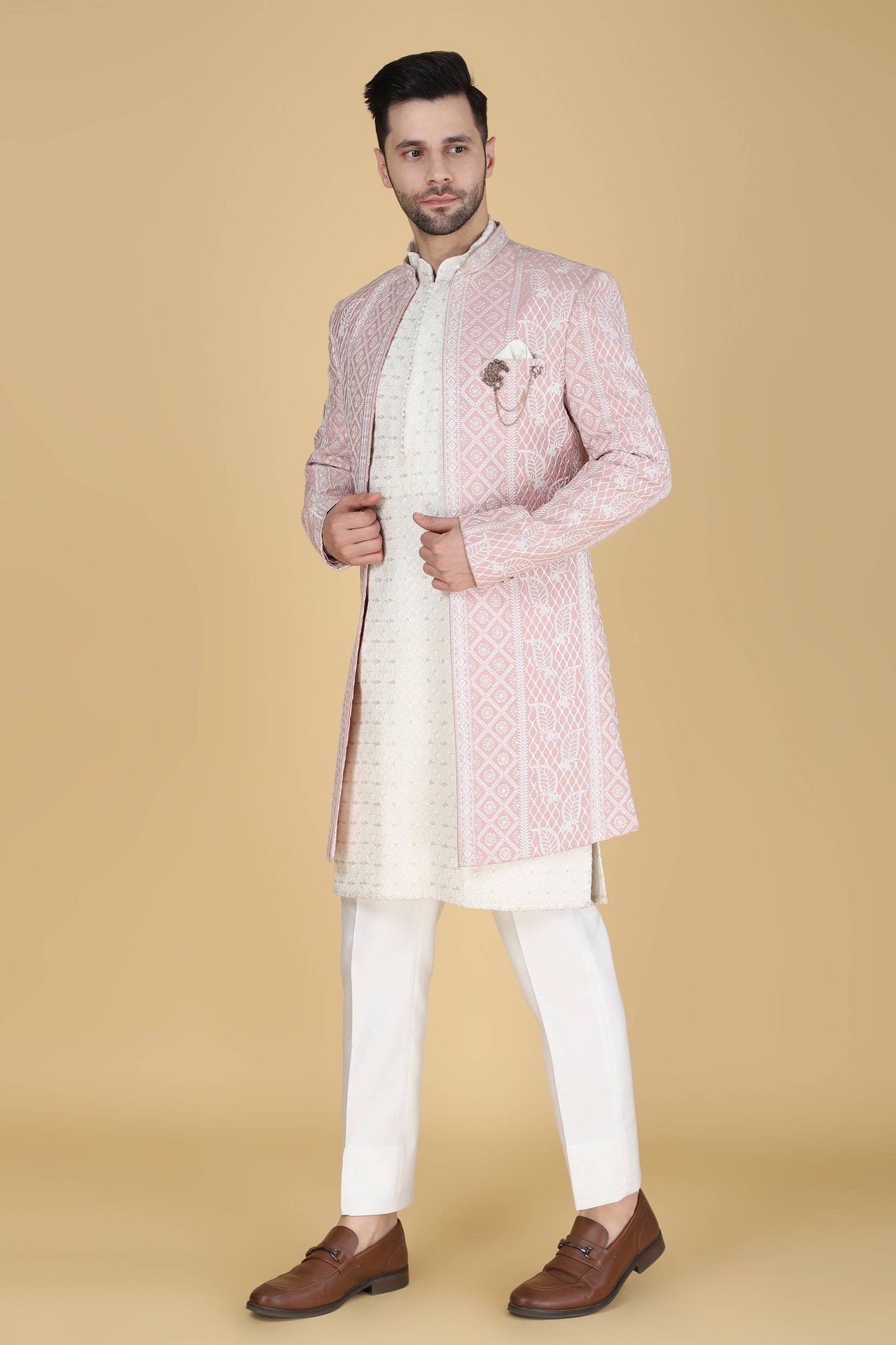 Pink Thread Embroidered Indowestern With Kurta